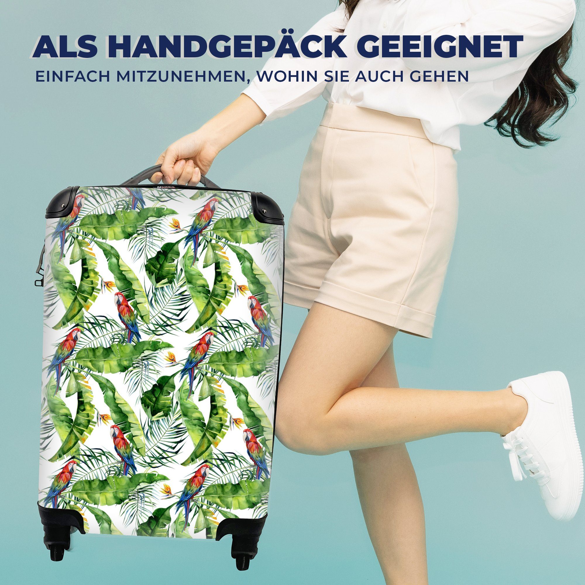 Paradiesvogelpflanze - 4 Papagei Handgepäckkoffer MuchoWow Reisekoffer Handgepäck - Reisetasche Ferien, Rollen, Blätter, Trolley, rollen, für mit