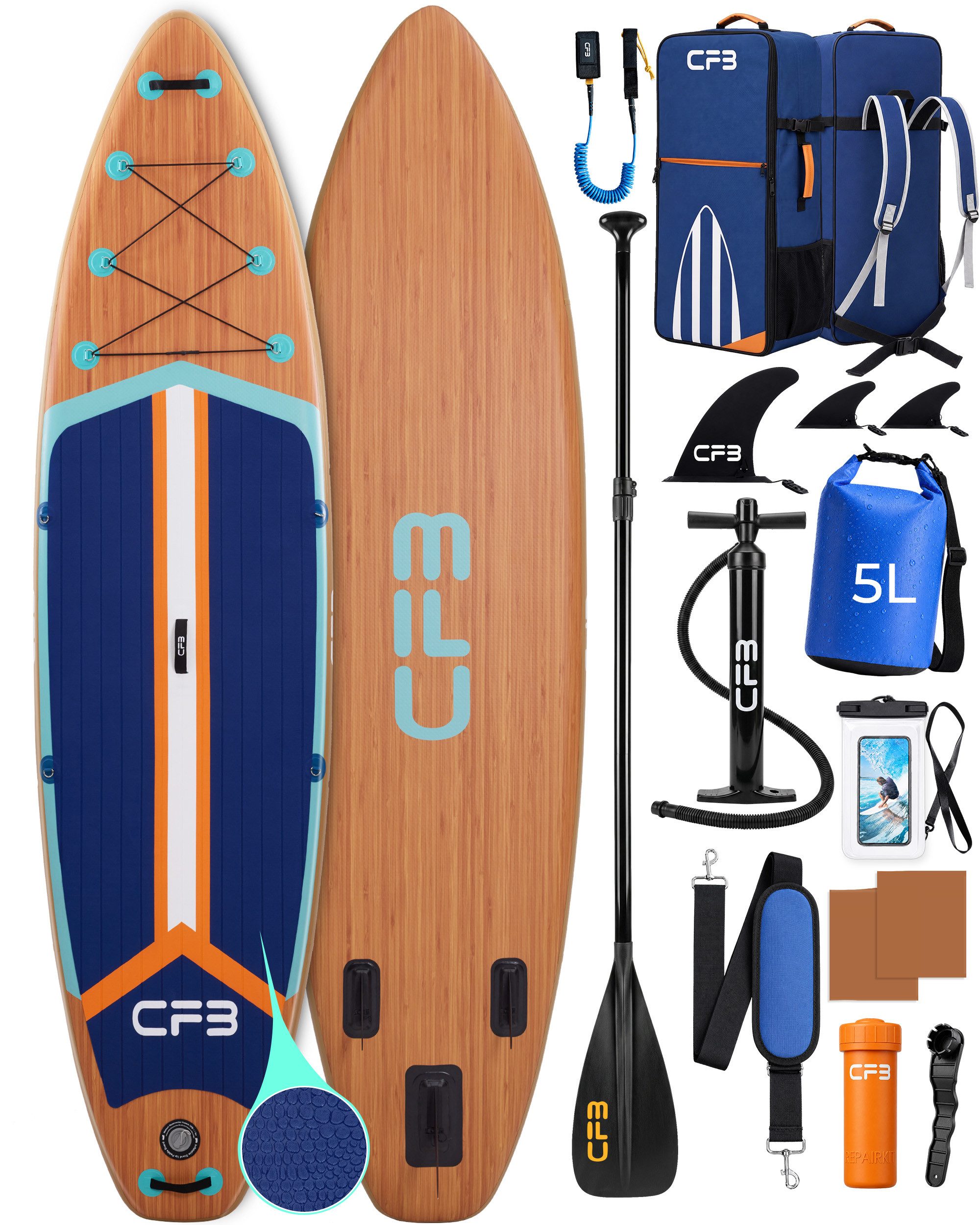 CFB SUP-Board XL 335x86x15 cm, extra breites Stand Up Paddle Board, aufblasbares iSUP, (Komplett-Set, mit Paddel, Pumpe, Rucksack, Leash, Dry Bag, Handyhülle & Schultergurt), 200 kg Traglast, für Anfänger & Erwachsene