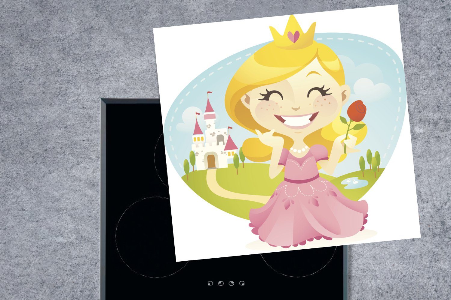 MuchoWow Herdblende-/Abdeckplatte Illustration Ceranfeldabdeckung, 78x78 einer tlg), für Kinder, Rose cm, (1 küche Arbeitsplatte einer lächelnden Vinyl, mit für Prinzessin