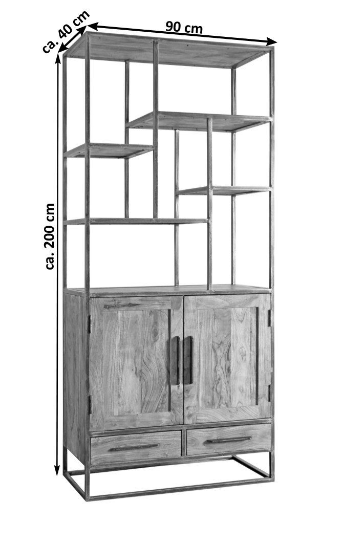Standregal, 2 Akazienholz, 2 Chrisopetro, Schubladen Türen Wandregal mit und SAM® Stonefarben Hochschrank,