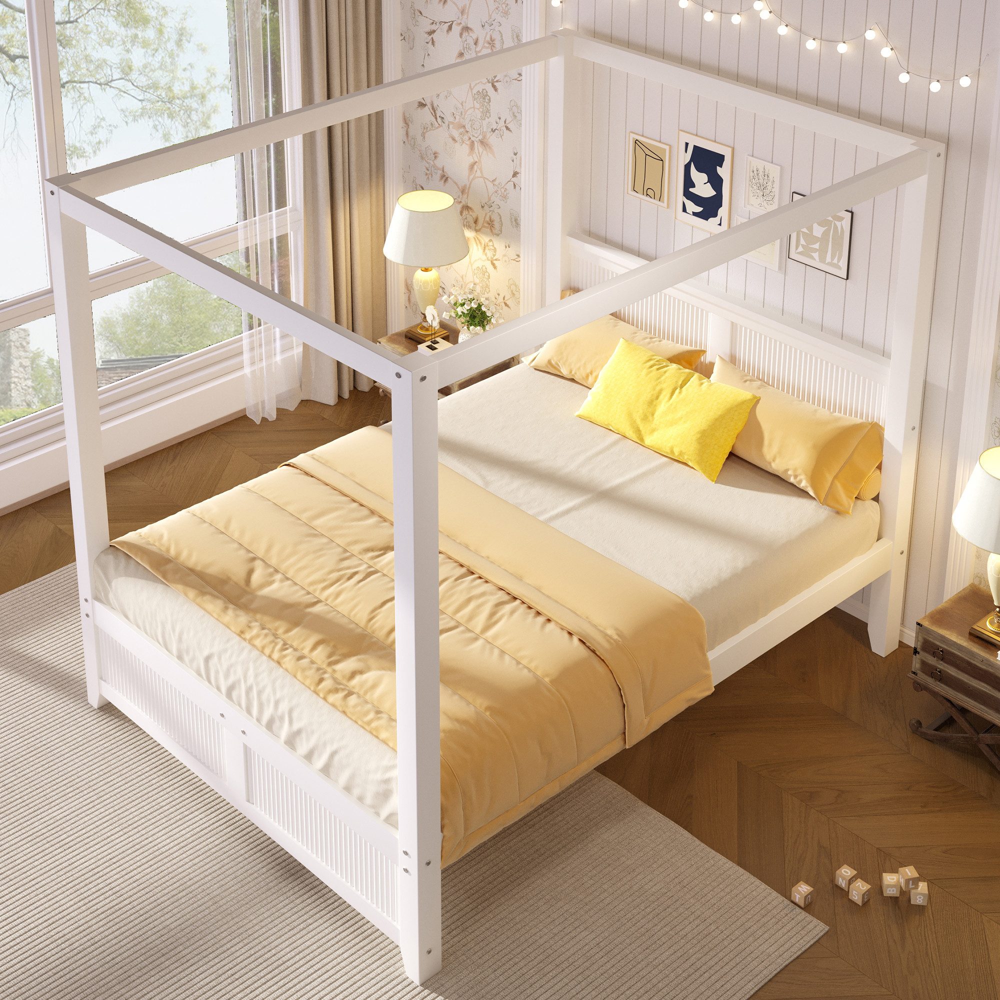 Odikalo Jugendbett Einzelbett Bettgestell Gästebett mit Himmelbett-Design (90/140x200 cm Himmelbett aus Holz mit dekorativem Dachrahmen und vertikalen Lamellen  – Bild 2 von 5