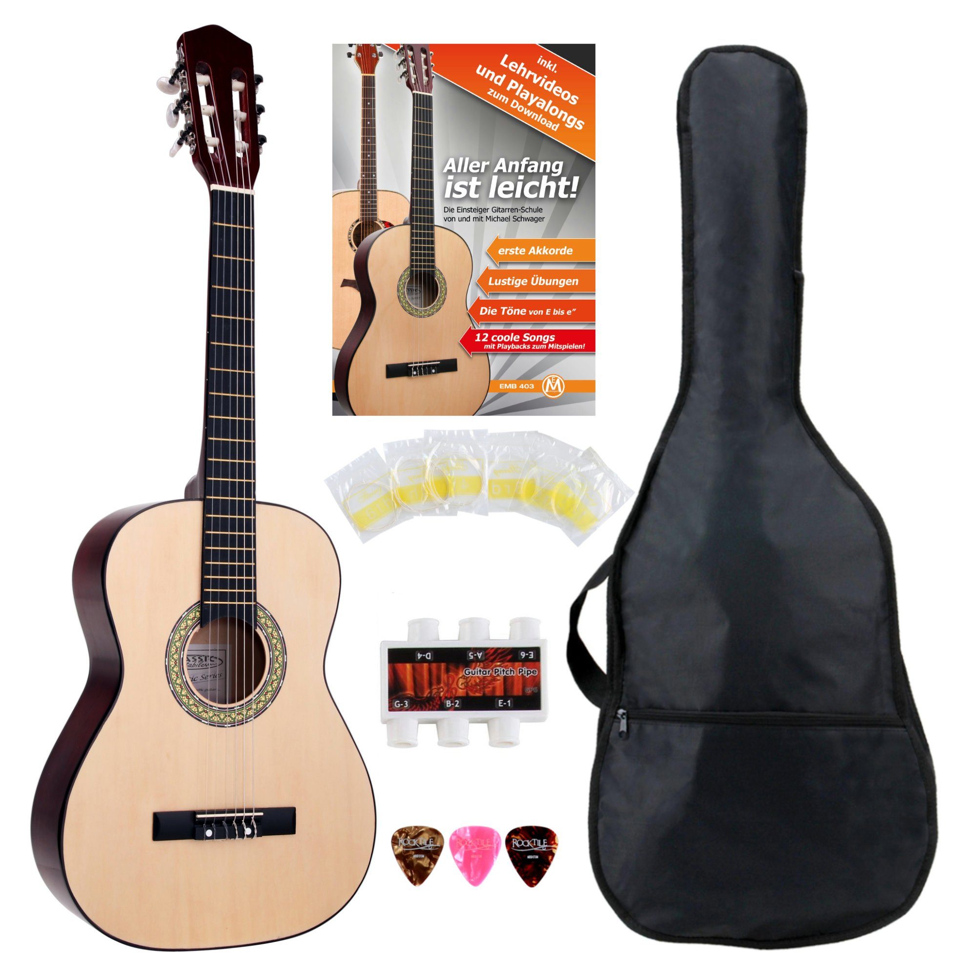 Classic Cantabile Konzertgitarre AS-851-L Klassikgitarre für Linkshänder Starter Set, 3/4