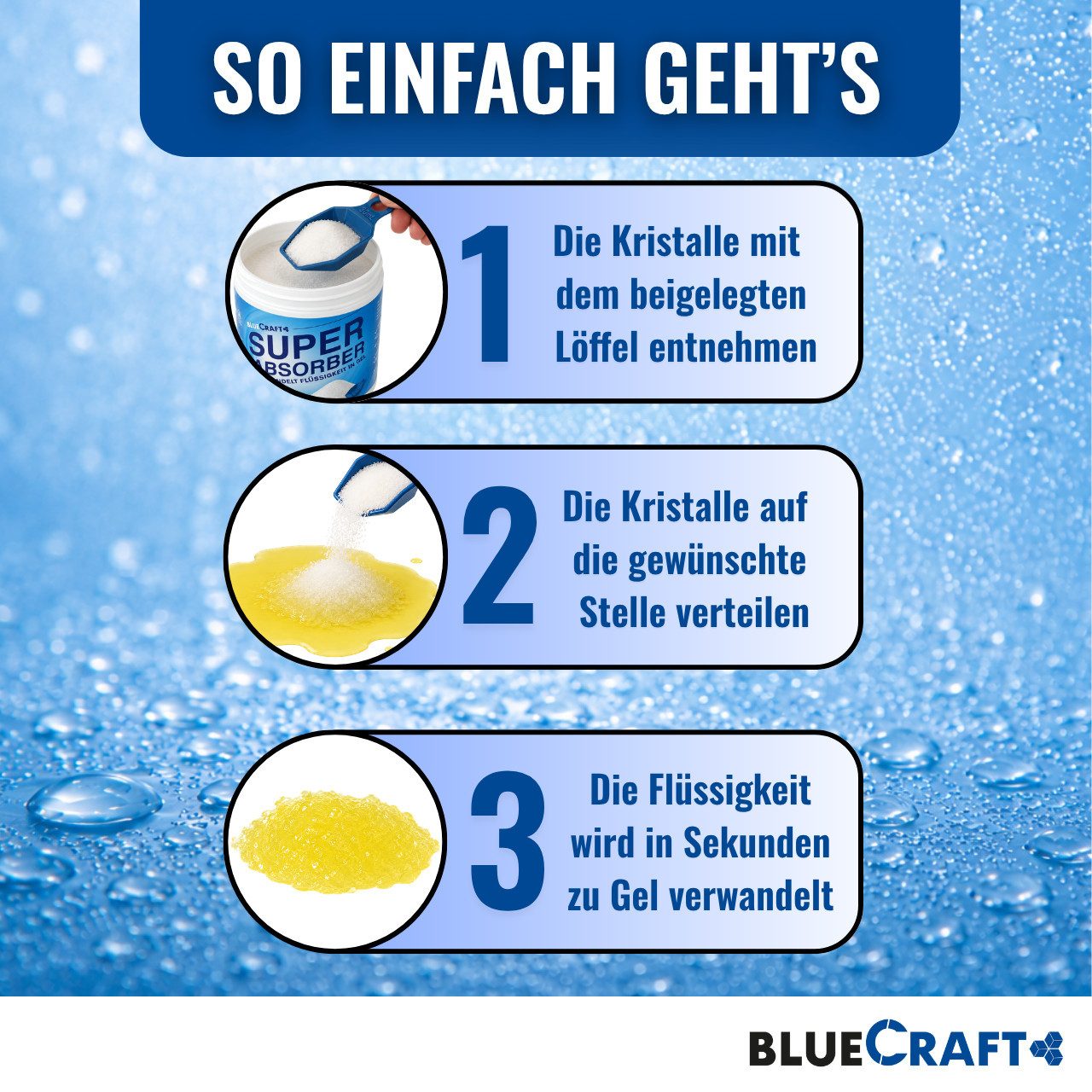 BlueCraft Campingtoilette Granulat Super Absorber 900g Bindemittel für Flüssigkeiten aller Art, (wie Wasser, Urin, Blut, Erbrochenes, Fäkalien, Öl uvm. Gelbinde – Bild 4 von 5