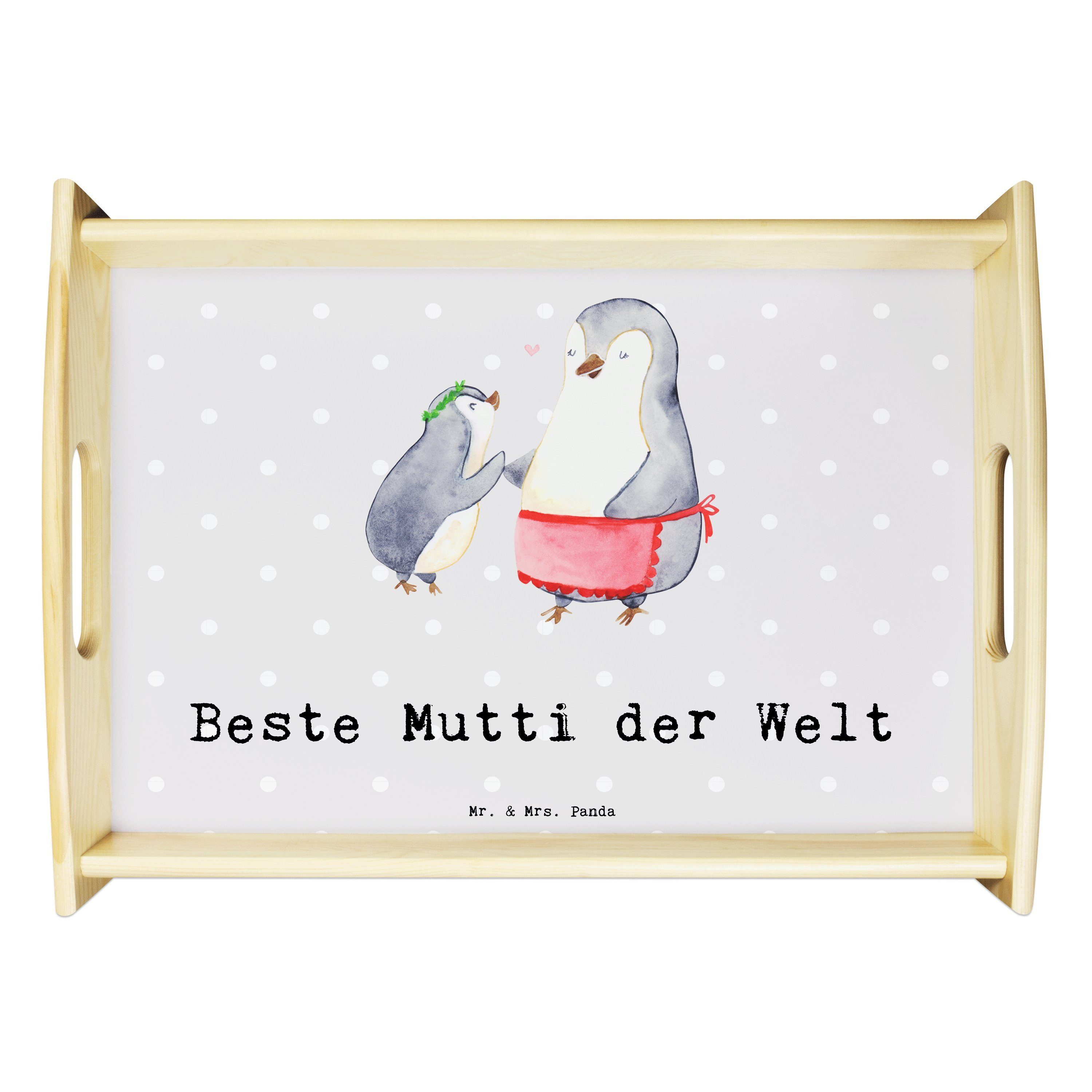 Mr. & Mrs. Panda Tablett Pinguin Beste Mutti der Welt - Grau Pastell - Geschenk, Holztablett, Echtholz lasiert, (1-tlg)