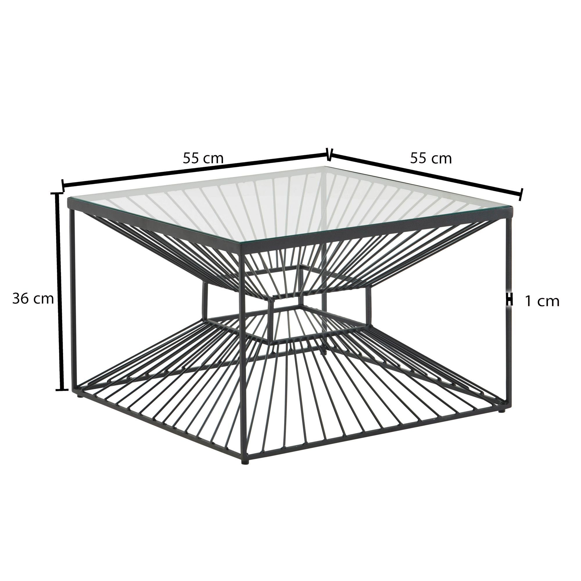 Sofatisch 55x55x36 cm, Couchtisch Wohnling Beistelltisch Quadratisch, Modern Schwarz), Metall (Glas Wohnzimmertisch WL6.700