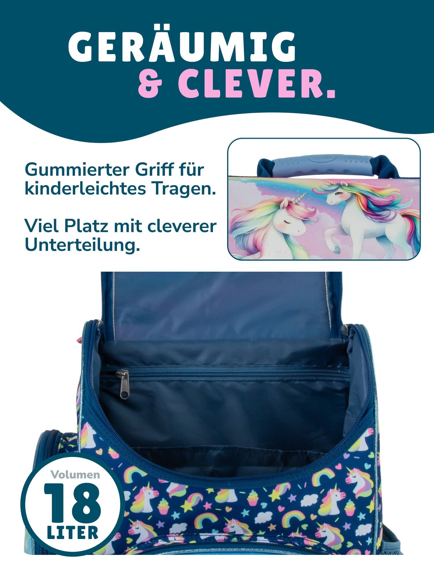 Familando Schulranzen Unicorn Einhorn Schultasche, blau, für Mädchen 1. bis 4. Klasse (Set, 8-tlg., inkl. Federmappe, Lunch-Set und Sporttasche), ergonomisch, 1.010 Gramm leicht, 18L Volumen