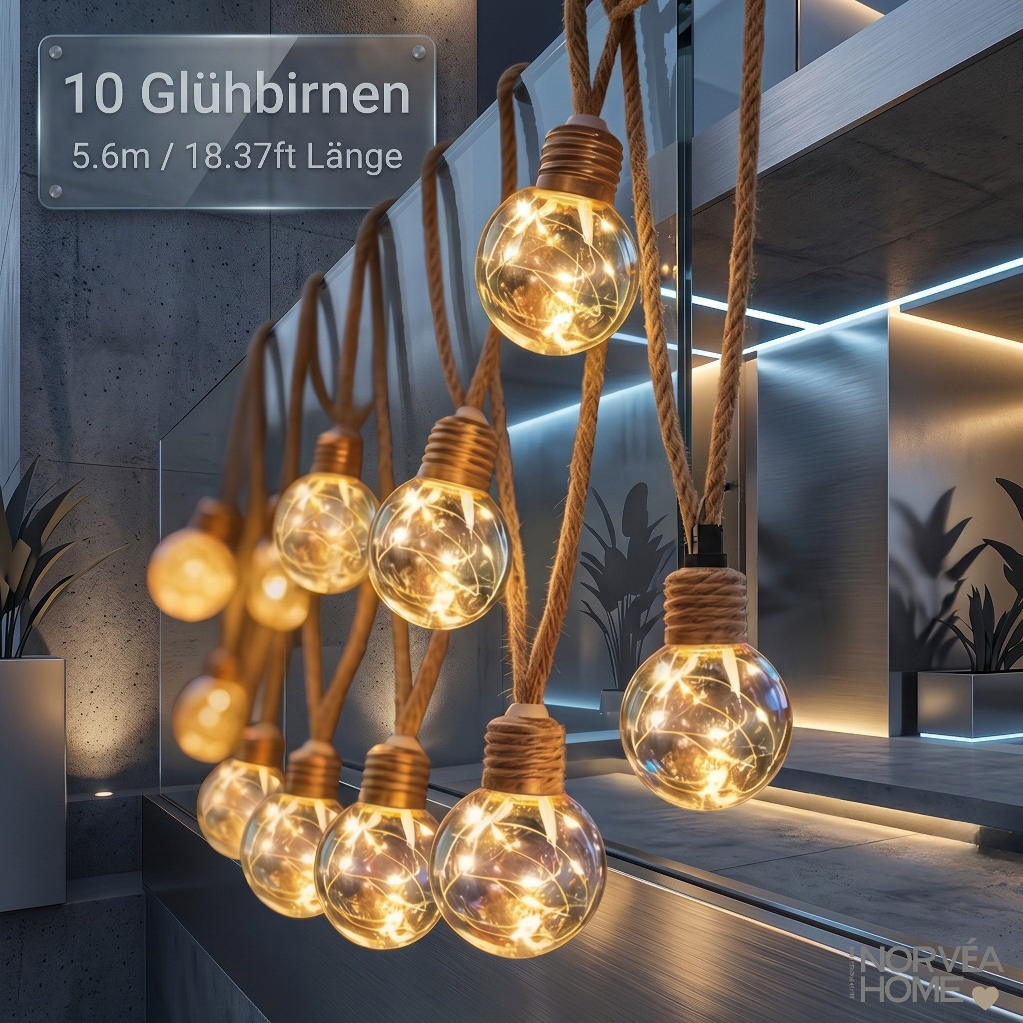 Norvéa Home Lichterkette Solar Lichterkette Außen Glühbirnen Juteseil IP44 Warmweiß, Solar Lichterkette IP44, G40 Fairy Light, 8 Modi, Juteseil