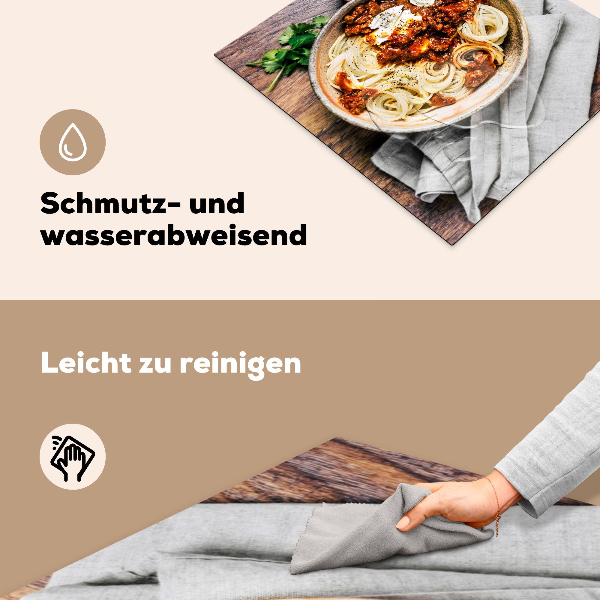 nutzbar, Vinyl, MuchoWow Arbeitsfläche 60x52 mit Mobile Mozzarella, tlg), Herdblende-/Abdeckplatte Spaghetti cm, (1 Ceranfeldabdeckung