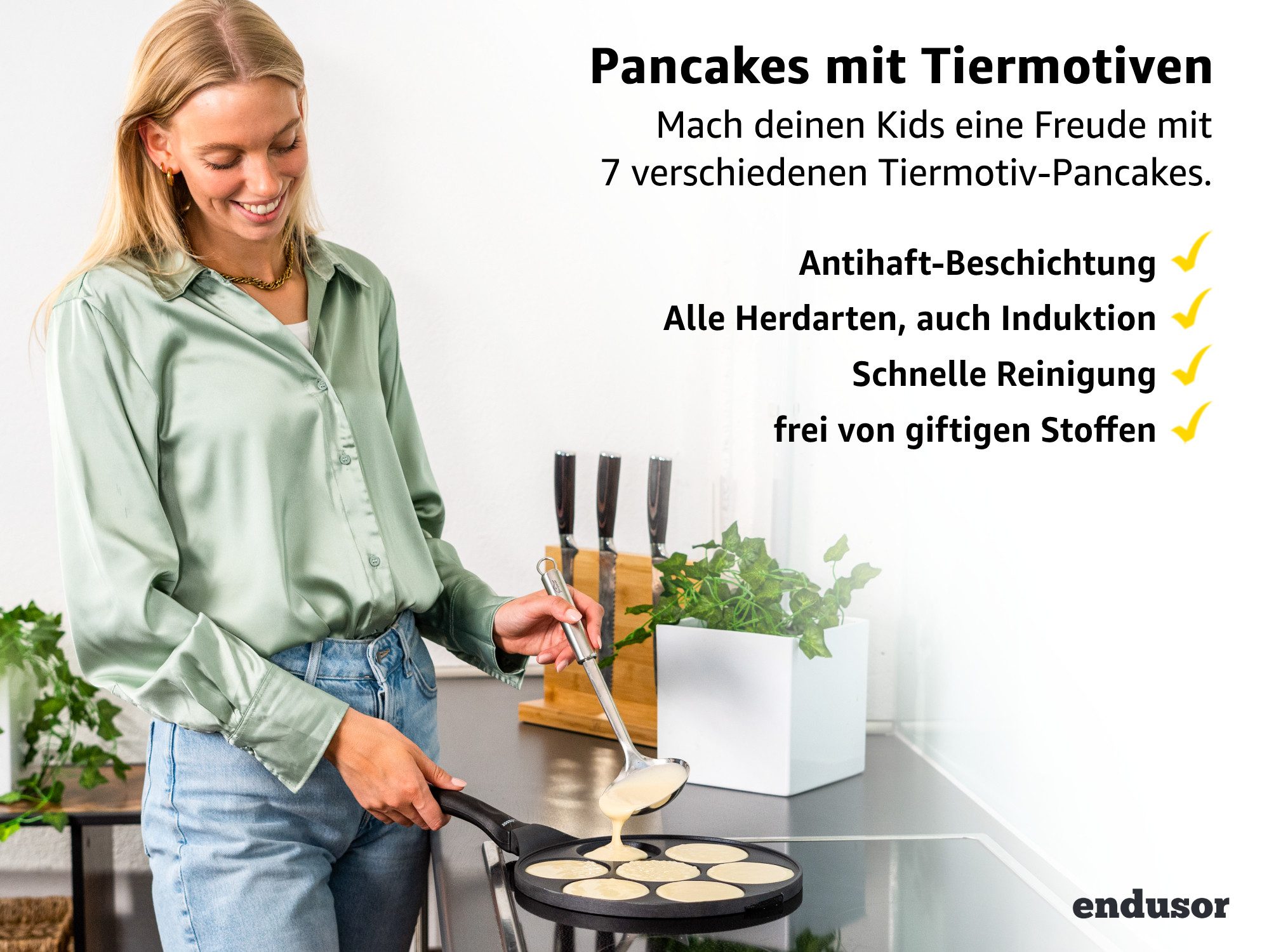endusor Crêpepfanne Pancake Pfanne ⌀26cm mit 7 Tier-Motiven für Kinder, Aluminiumguss (Alle Herdarten inkl. Induktion, Ø 26cm Bratpfanne), modernster Antihaft-Beschichtung & Eisenkernboden für Pancakes & Mehr