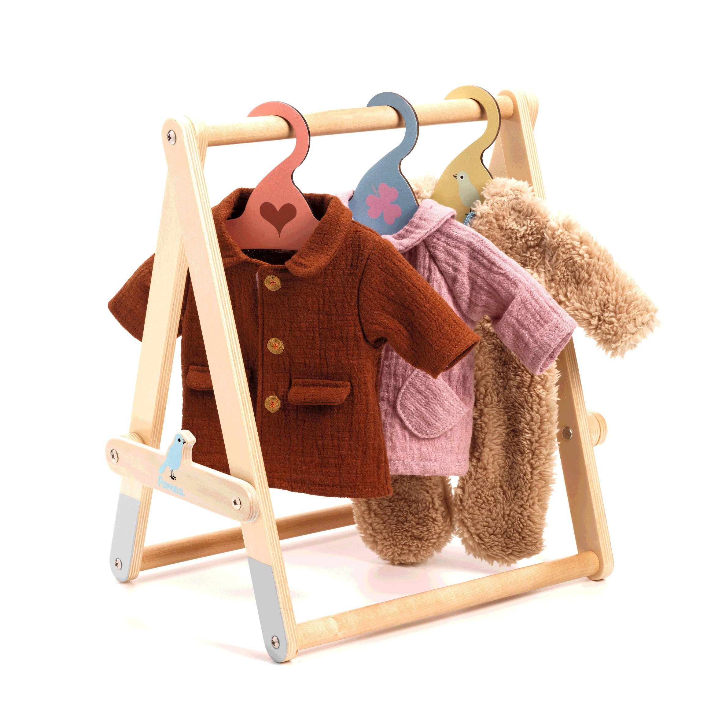 DJECO Puppenmöbel Pomea Puppen Kleiderständer aus Holz mit drei bunten Kleiderbügeln