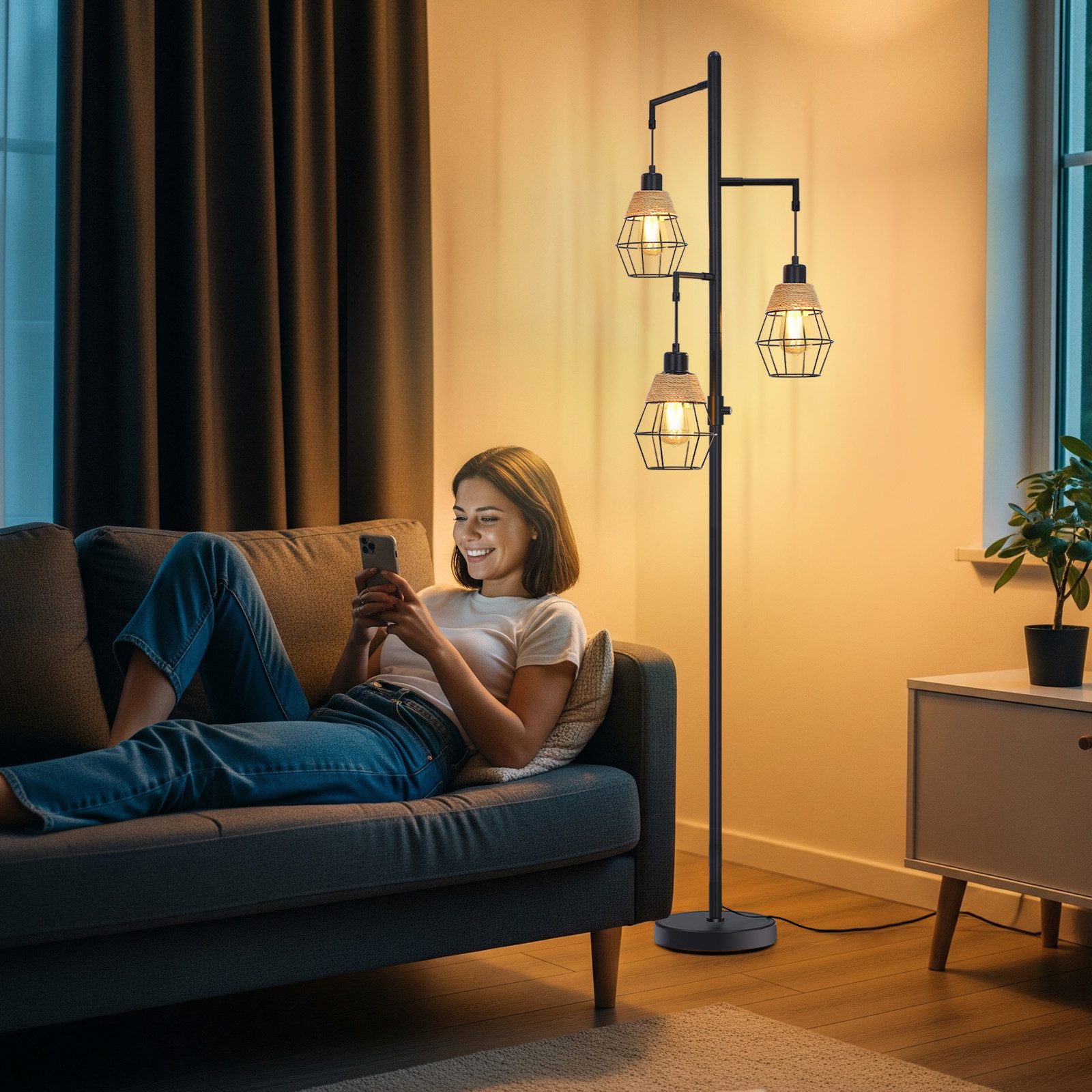 MUPOO Stehlampe Boho-Stehlampe mit 3 Glühbirnen,Industrielle Stehleuchte Wohnzimmer, LED wechselbar, Stufenlos Dimmbare,Industrial Design,für Schlafzimmer Büro Sofa Hotel