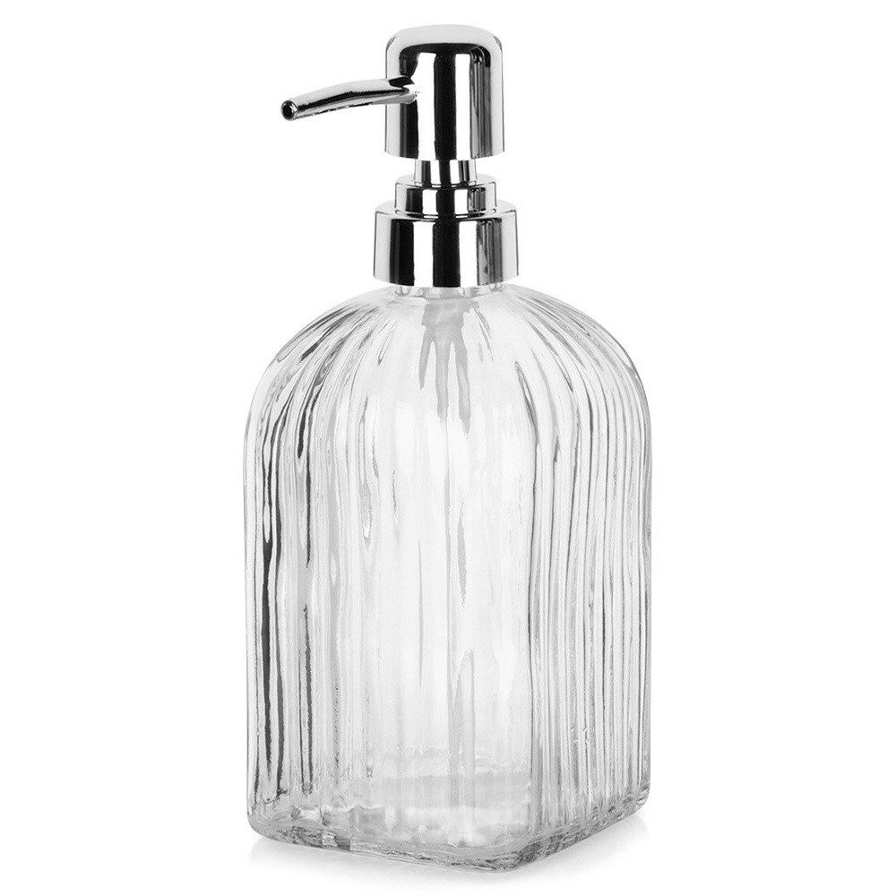 Orion Group Seifenspender Küche 550ml geriffelt mit silbernem Pumpkopf aus Glas, transparent, für Bad und Küche