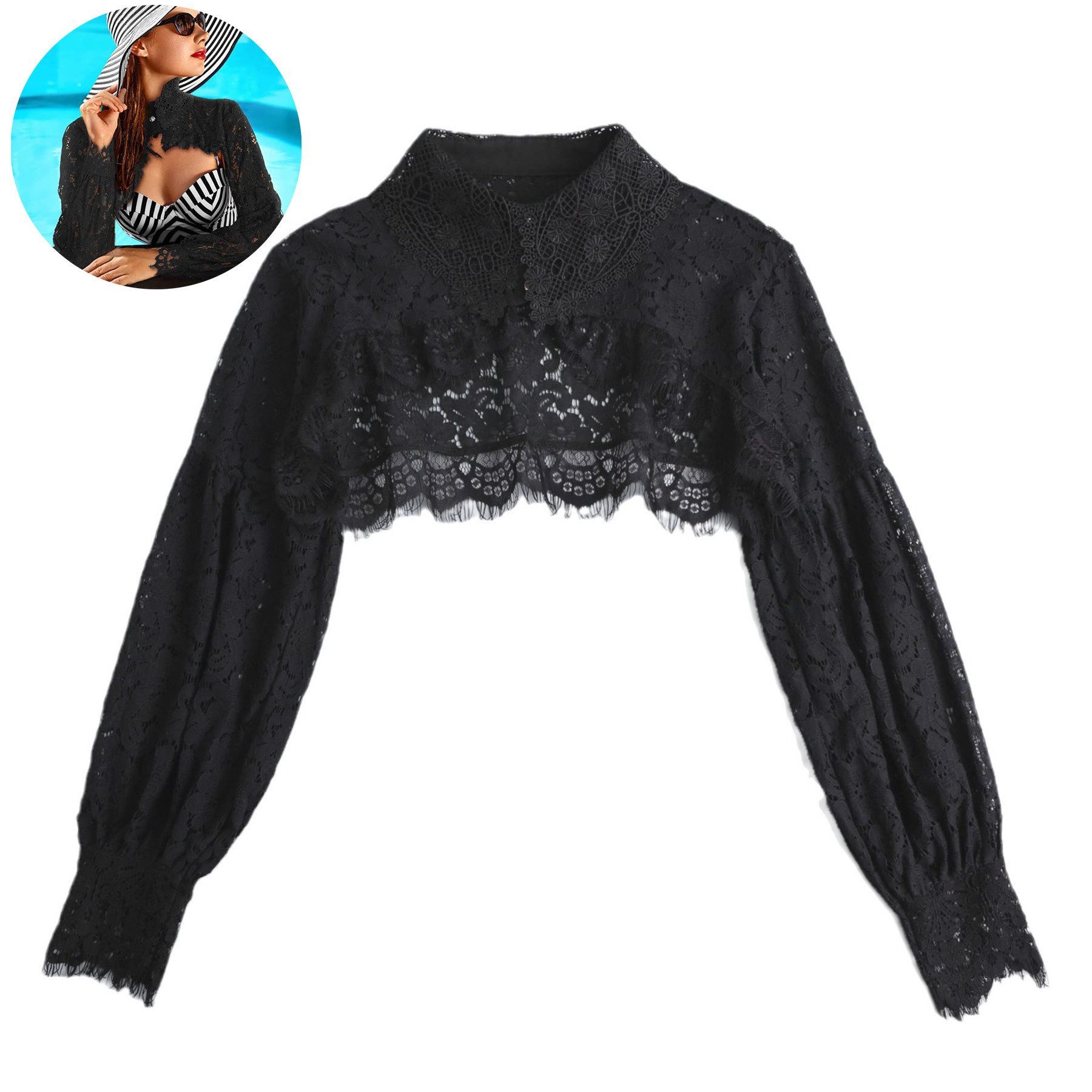 Mutig Wickelbluse Spitze Shrug Jäckchen, mit falschem Kragen und halbem Hemdblusenkragen (Damen Spitze Trachtenbluse, Spitze Bluse Damen Elegant Pullover Tops, Geeignet für Abendessen und Partys, Hochzeitsfeiern, Alltagslook)