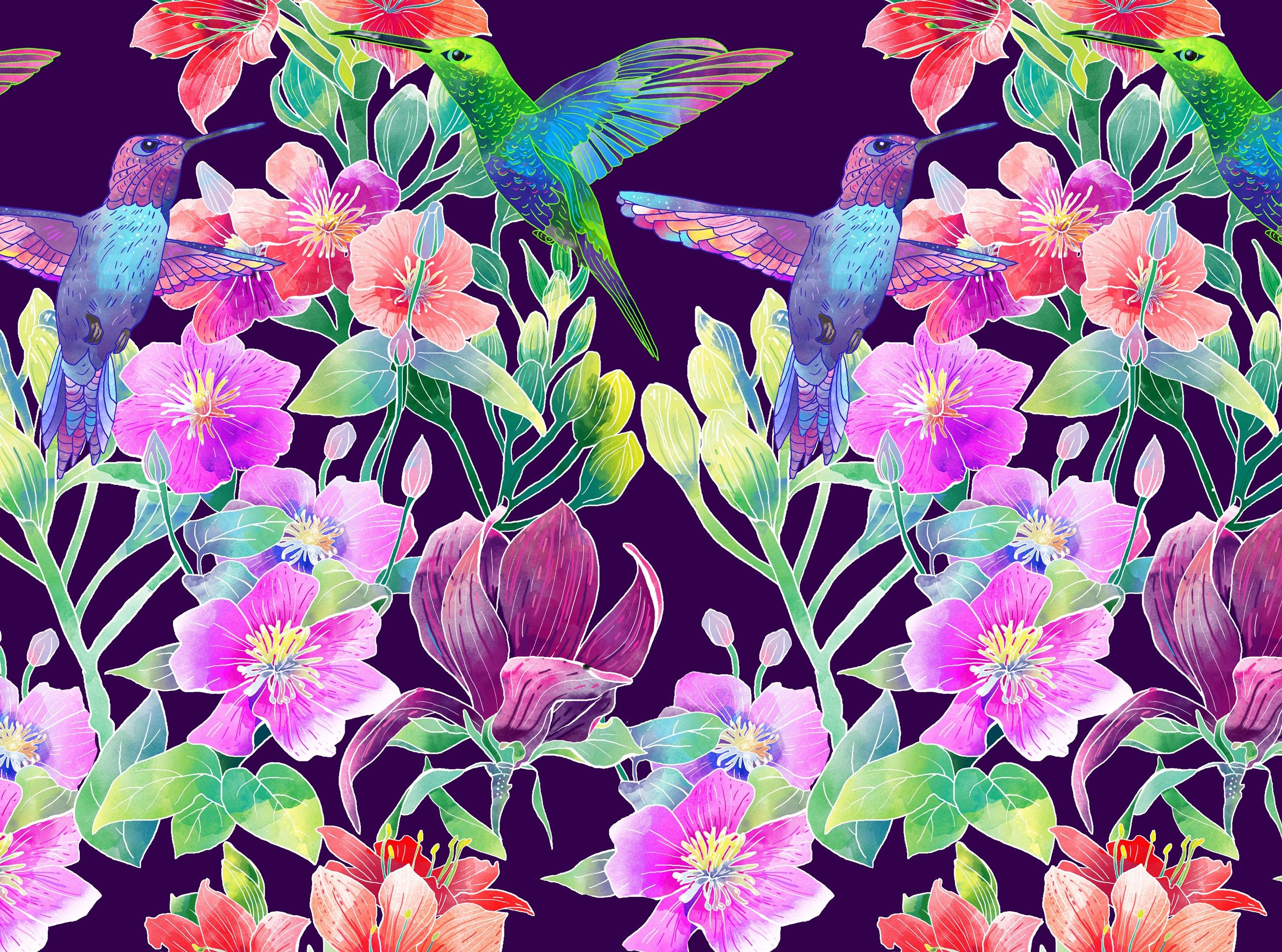 Papermoon Fototapete VLIES-Tapete Premium Frühling Natur Vogel Blumen Rosa Pink Lila Gelb, Kleister KOSTENLOS, reduziert, 3D-Effekt, restlos trocken abziehbar, (komplett Set inkl. Tapetenkleister, 9053), Wandtapete Bild Dekoration Wand-Dekor Motiv Tapete Poster