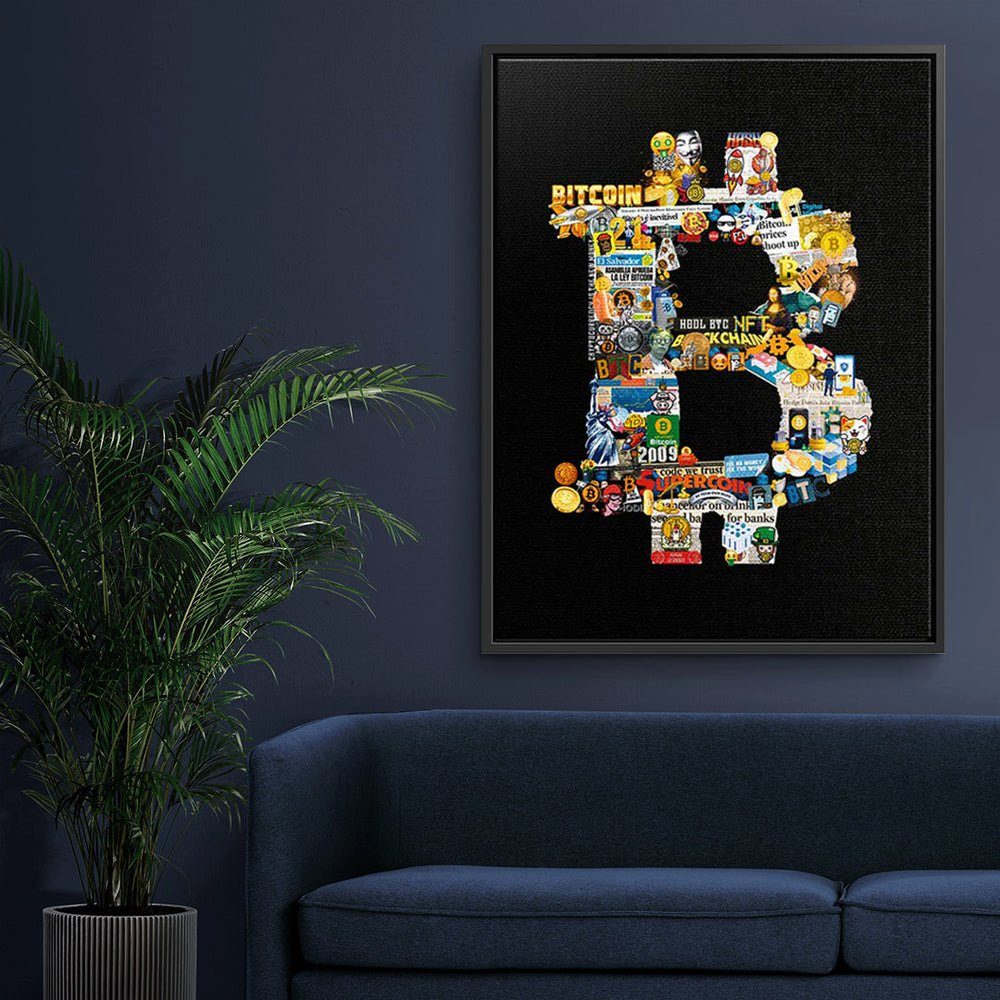 DOTCOMCANVAS® Leinwandbild, Leinwandbild Bitcoin Pop Geld Art crypto collage schwarzer DOTCOMCANVAS Rahmen schwarz