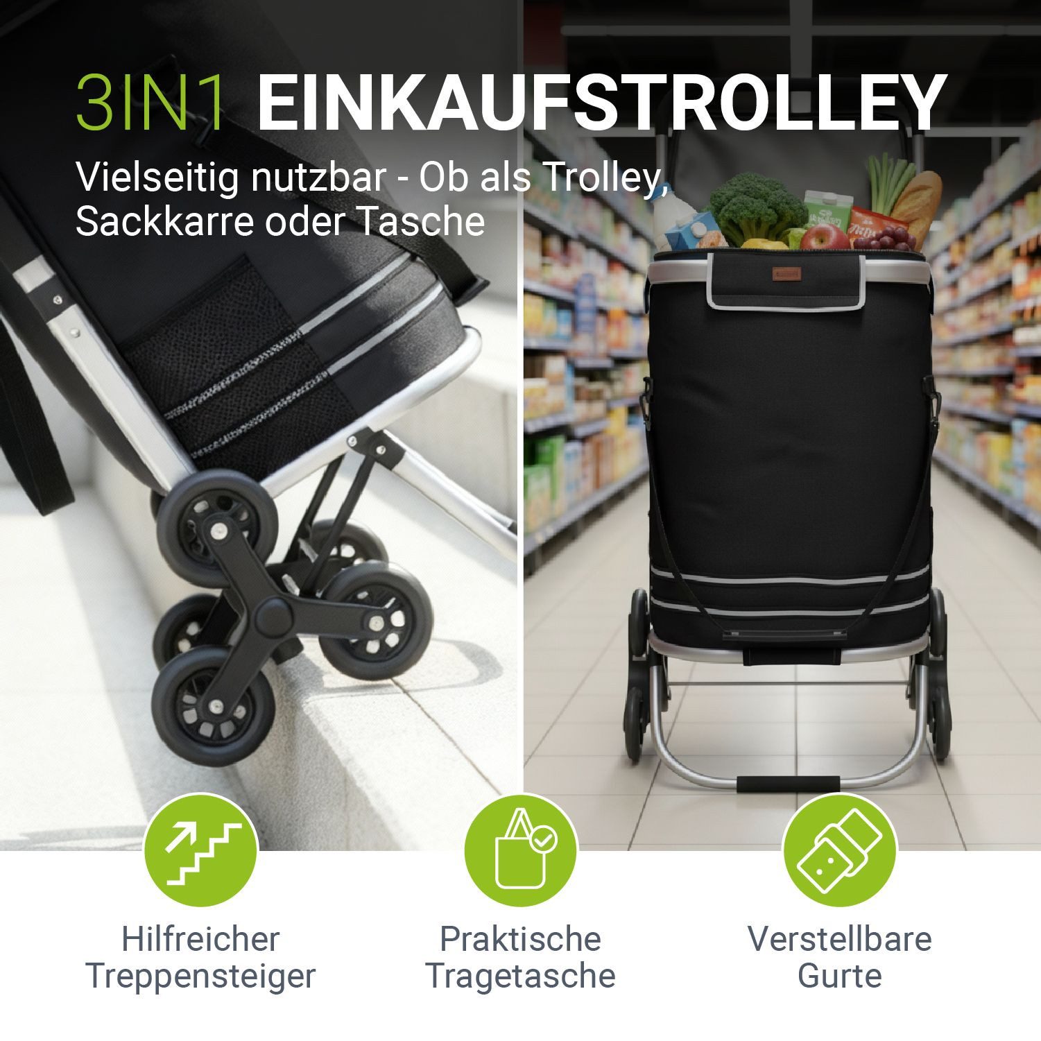 Juskys Einkaufstrolley 3in1, 56 l, mit Treppensteiger (6 Rollen), klappbar und modern, mit Kühlfach
