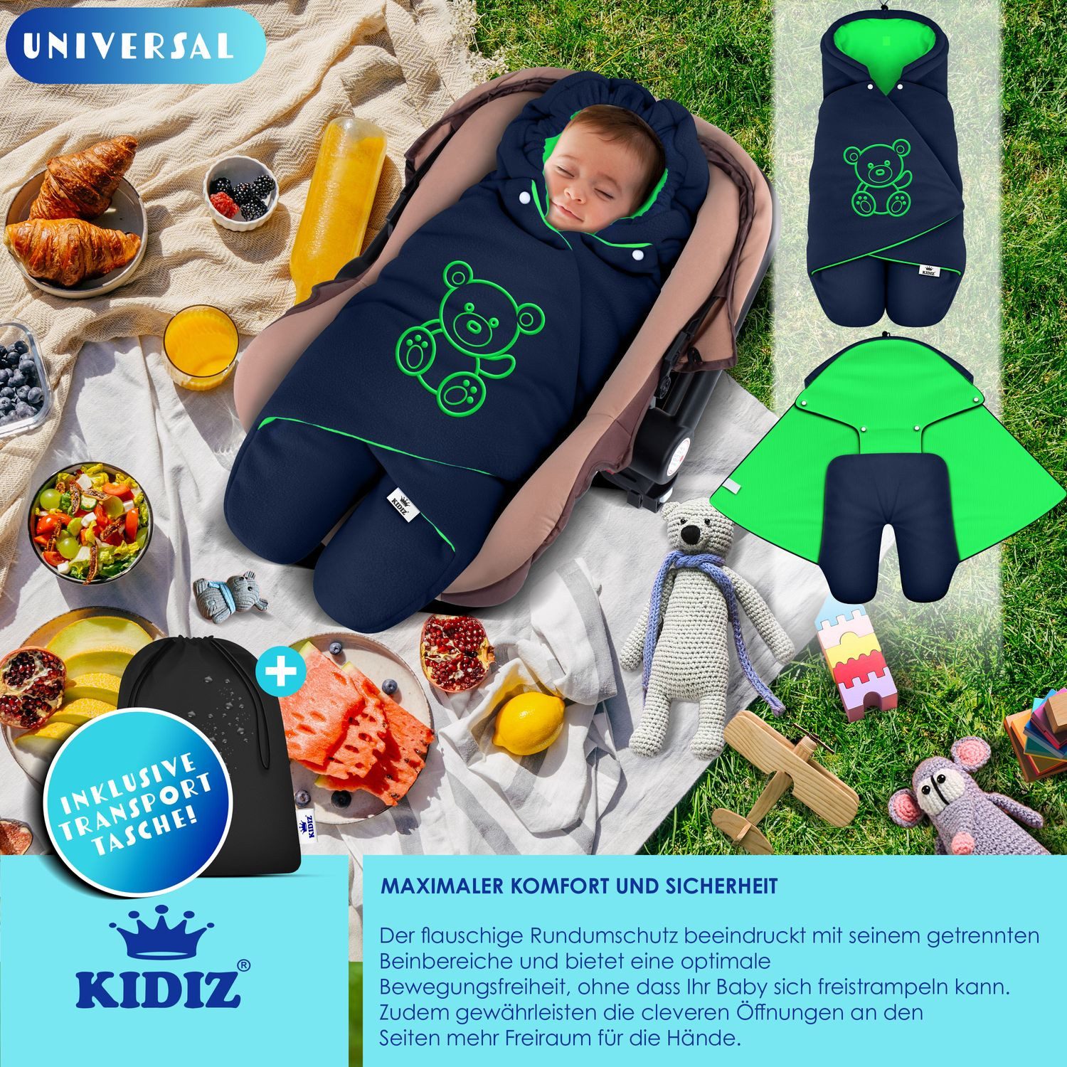 KIDIZ Deckenschlafsack, Baby Einschlagdecke mit Tasche für Winter & Herbst Babydecke Fußsack