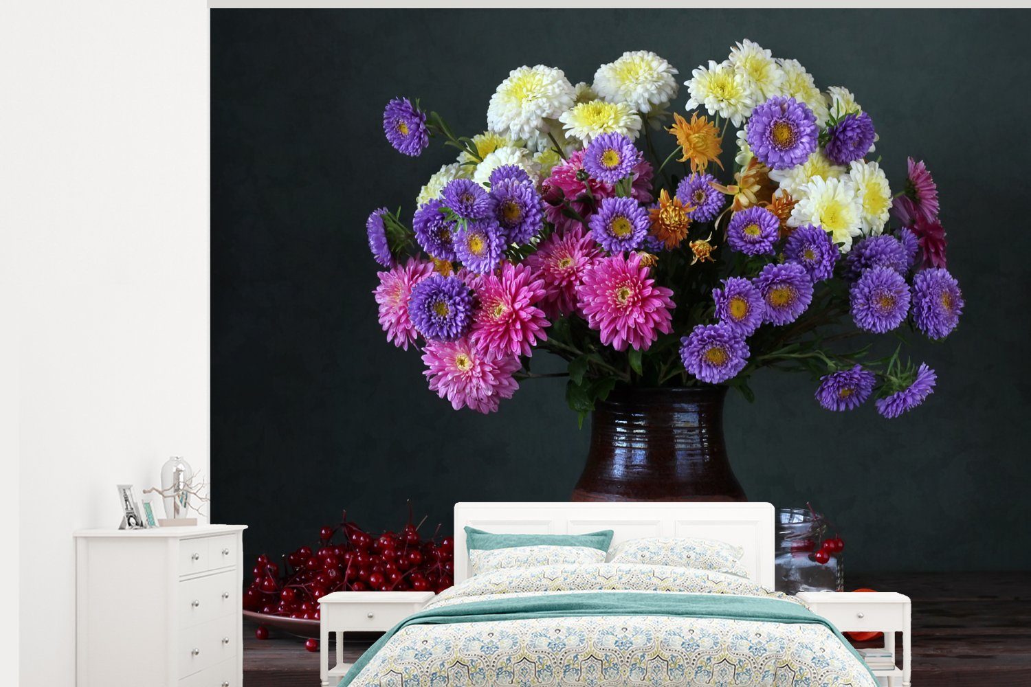 MuchoWow Fototapete Chrysanthemen - Farben - Stilleben, Matt, bedruckt, (5 St), Montagefertig Vinyl Tapete für Wohnzimmer, Wandtapete