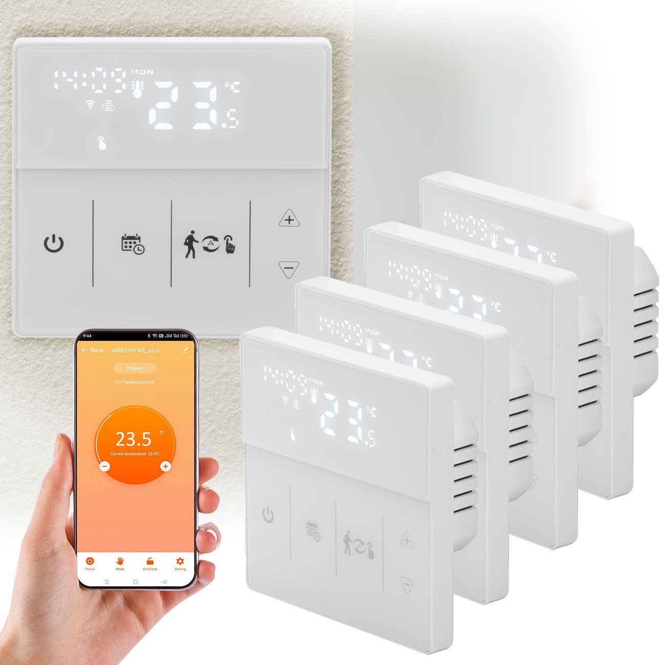 Casativo Raumthermostat WLAN Thermostat Touchscreen-Display für Fußbodenheizung programmierbar, Netzbetrieb, (4-St., 1er-Set & 2er-Set & 4er-Set), App & Sprachsteuerung/3 Programm-Modi/Frostschutz-Automatik