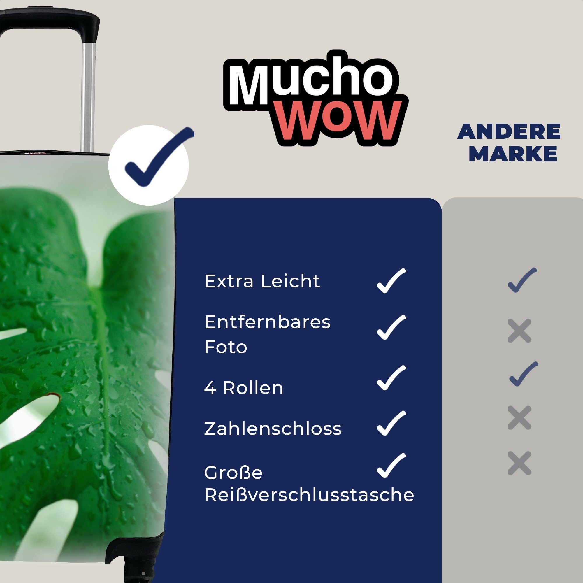 mit 4 Käsepflanze Nahaufnahme Handgepäck von rollen, (Monstera, der Reisekoffer Trolley, Tröpfchen Handgepäckkoffer einem auf Reisetasche für MuchoWow Rollen, Ferien, Blatt