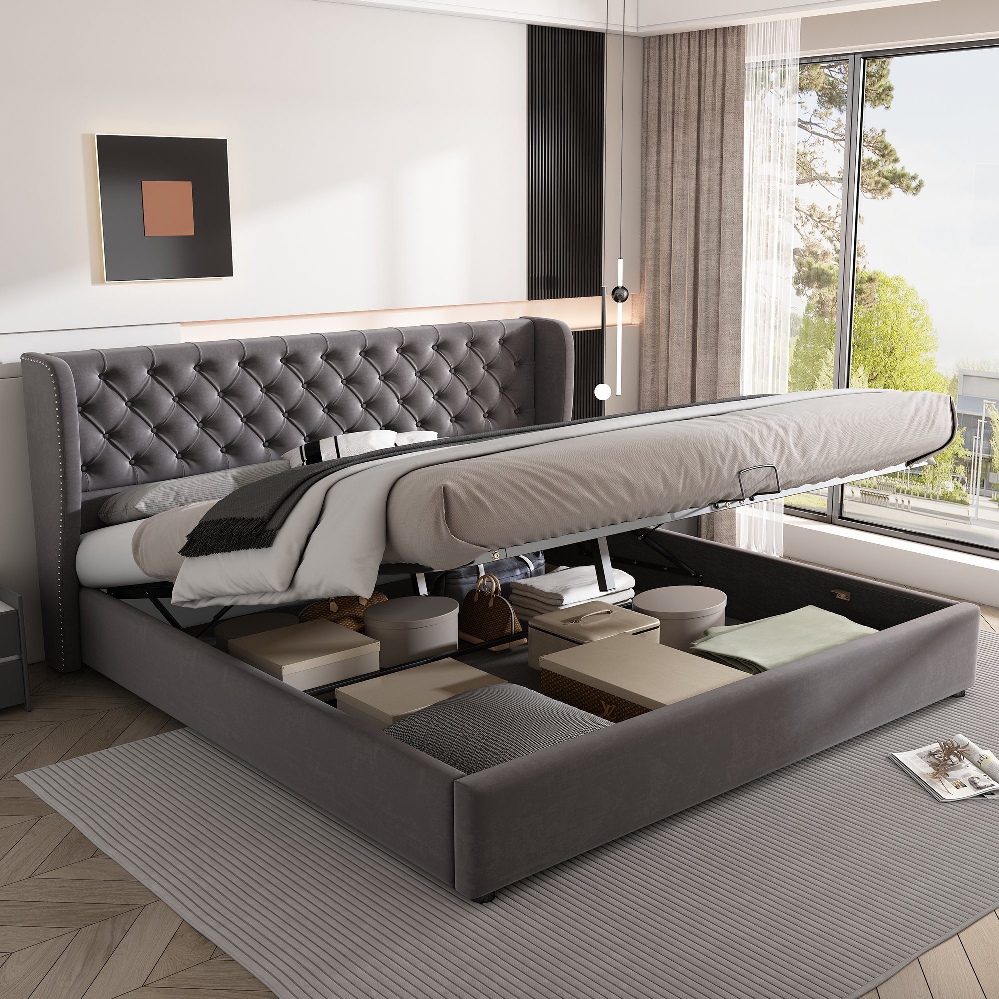 OKWISH Polsterbett Doppelbett Stauraumbett, Kiefernholz Flanell günstig online kaufen