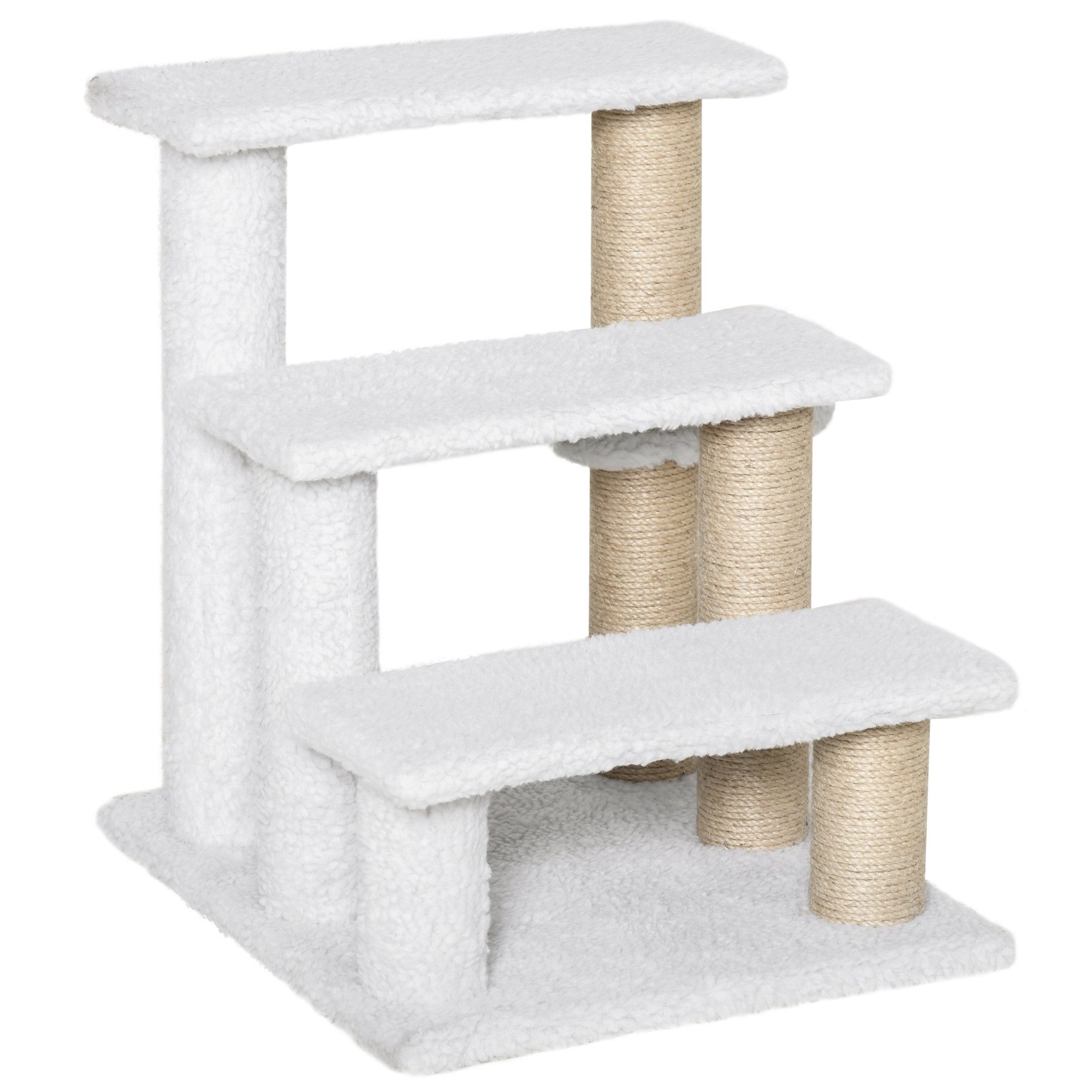 Rolipo Haustiertreppe Katzentreppe 3-stufige Haustiertreppe mit Kratzsäulen Plüsch Jute Weiß, Tiertreppe für Katzen bis 5 kg mit Spielball 45x40x48 cm