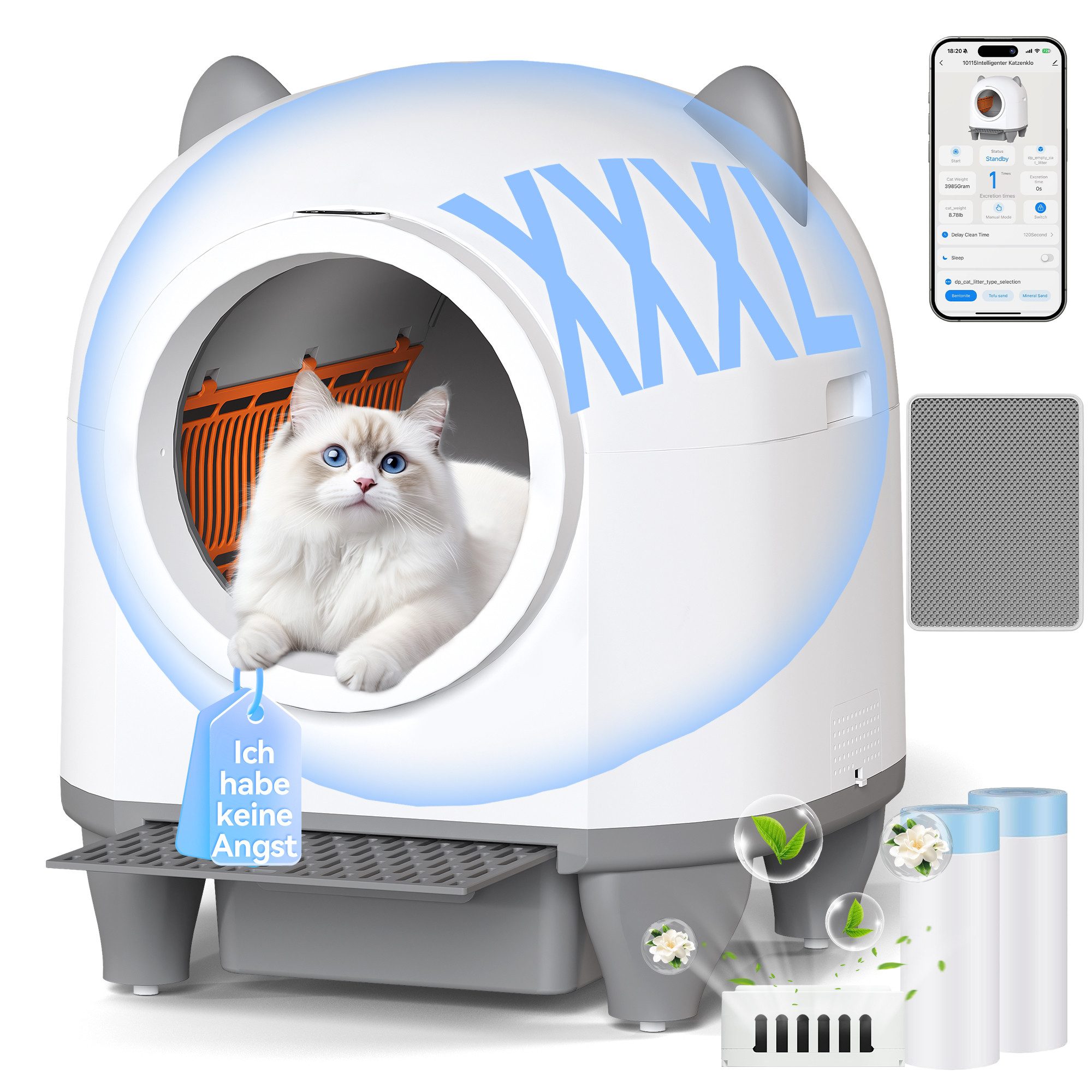 HOMALL Katzentoilette XXXL katzenklo selbstreinigend für grossen katzen,Sicherheitsschutz x7, mit Aromabox, Matte, leiser Betrieb & Nachtmodus – für Mehrkatzen