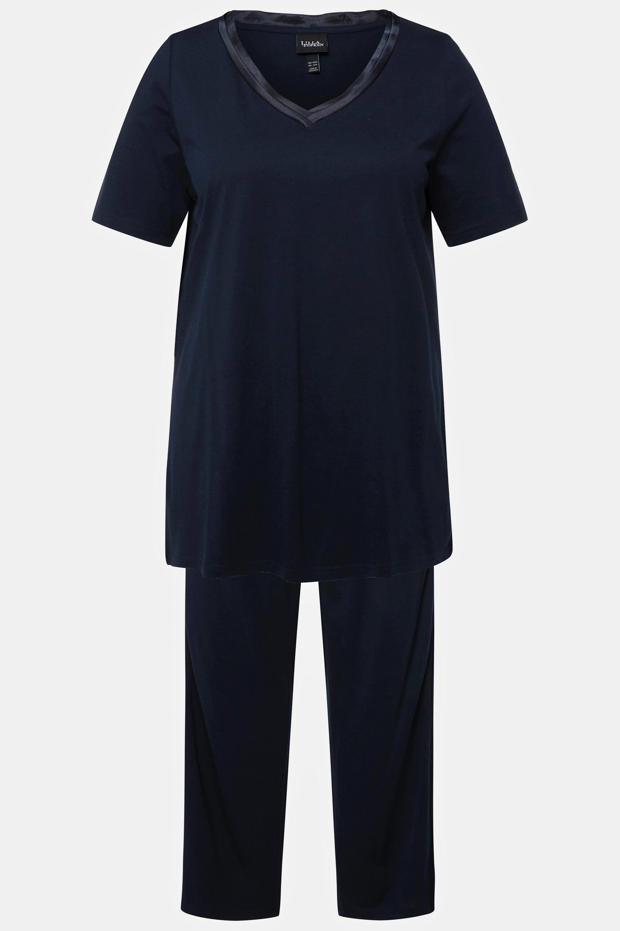 Schlafanzug Pyjama Halbarm V-Ausschnitt Popken nachtblau Satineinsatz Ulla
