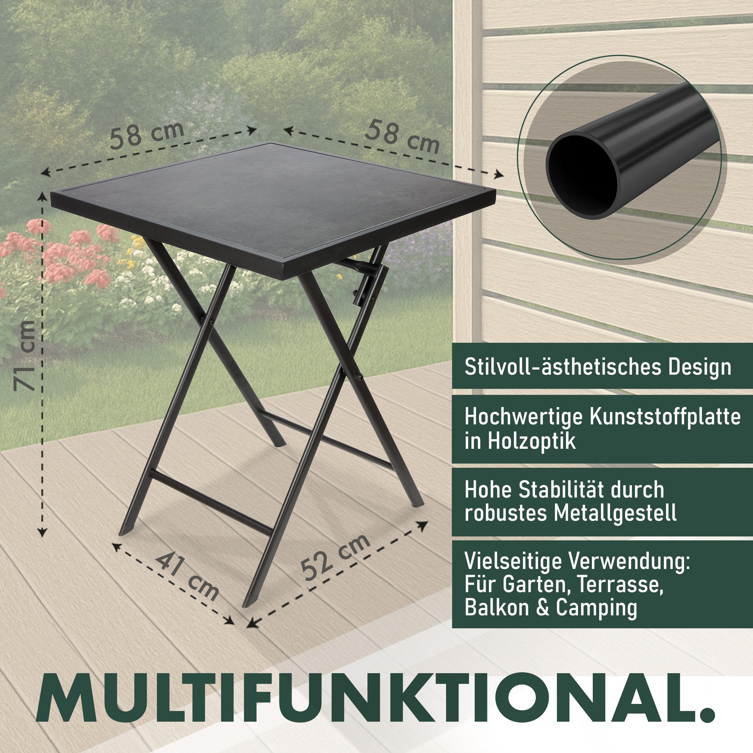 BRUBAKER Gartentisch Bergamo - 58 x 58 cm Balkontisch wetterfest (1-St., Campingtisch eckig mit Stein Optik - Klapptisch für Balkon, Terrasse), Metall Beistellt – Bild 5 von 5