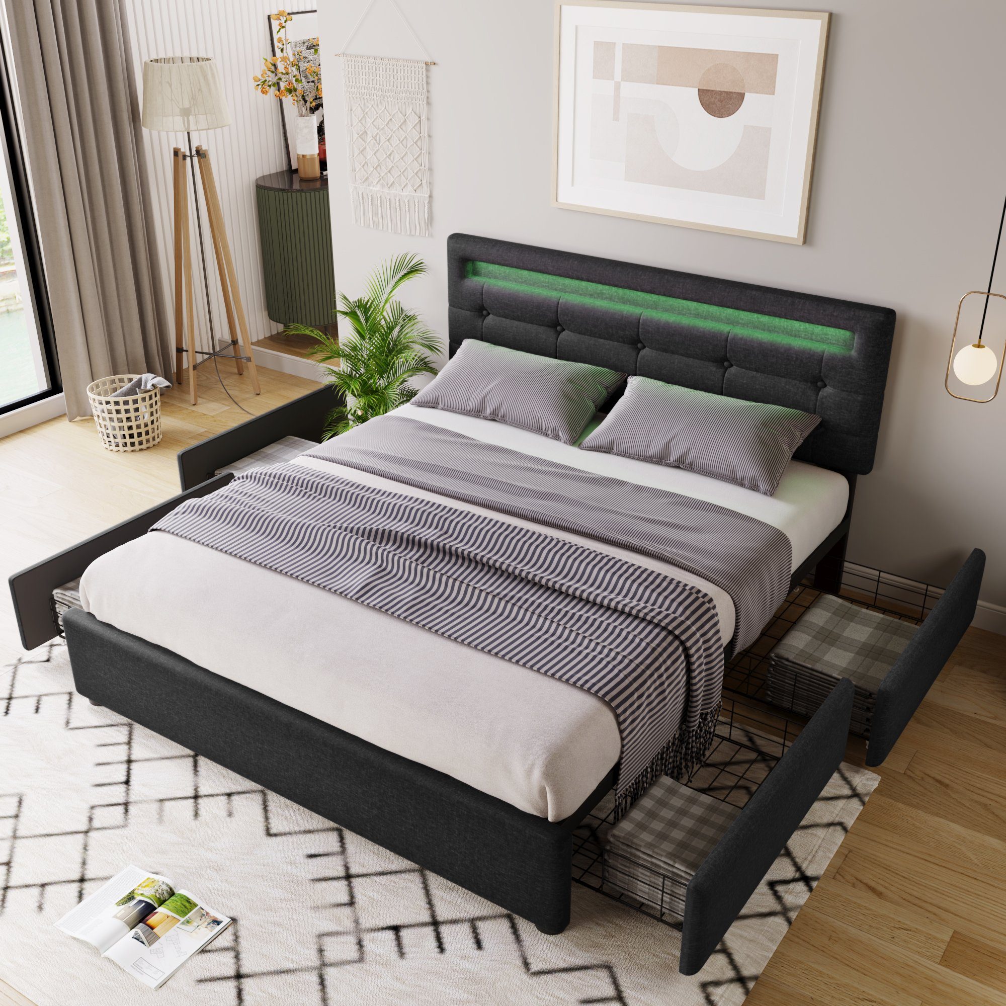 Polsterbett (mit LED-Beleuchtung, Fernbedienung und verstellbarem Kopfteil), Doppelbett mit Lattenrost, 4 Schubladen, Leinen, 140x200cm Bett