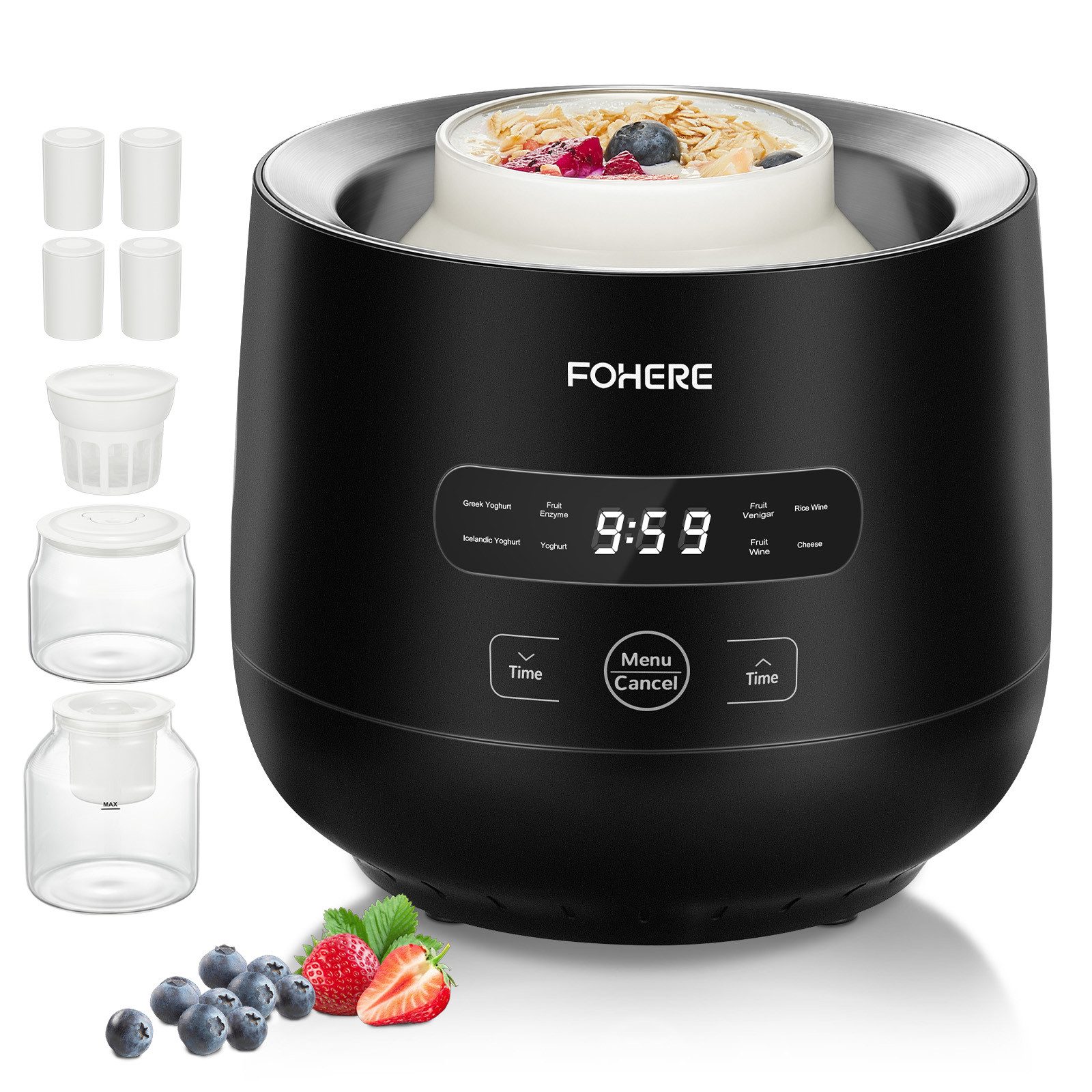 FOHERE Joghurtbereiter 2 Glasbehälter (2000 ml + 1400 ml), zur Herstellung von griechischem Joghurt, Käse, Natto und Reiswein