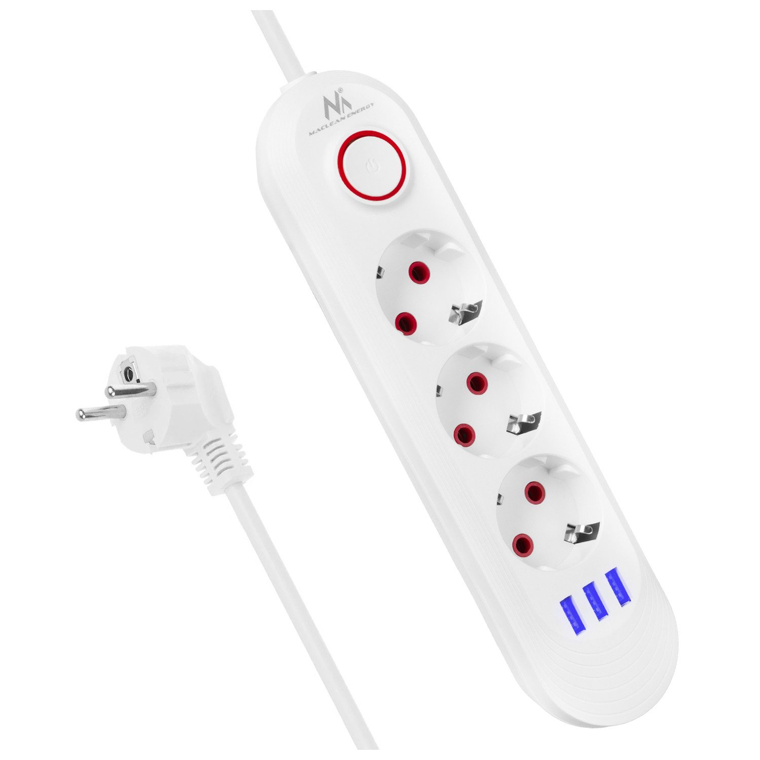 Maclean MCE394 3er Steckdosenleiste 2500W 3xUSB Steckdosenleiste 3-fach (Kabellänge 1.5 m), 110-240V AC 50/60Hz, 2,1A max 2500W, 1,5m