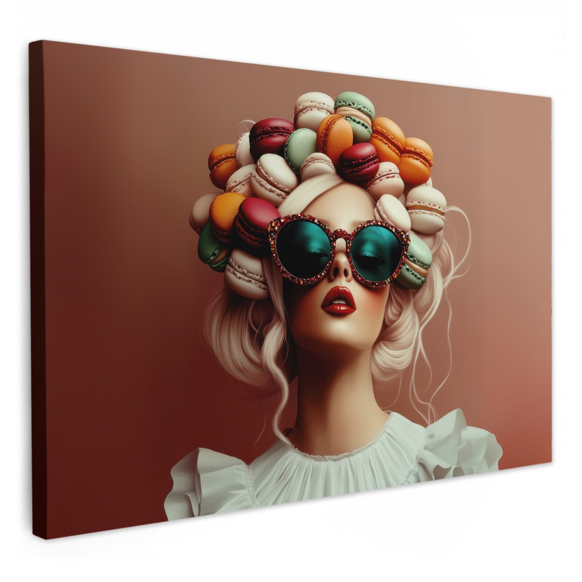 Leinwandbild Frau - Makronen - Brille