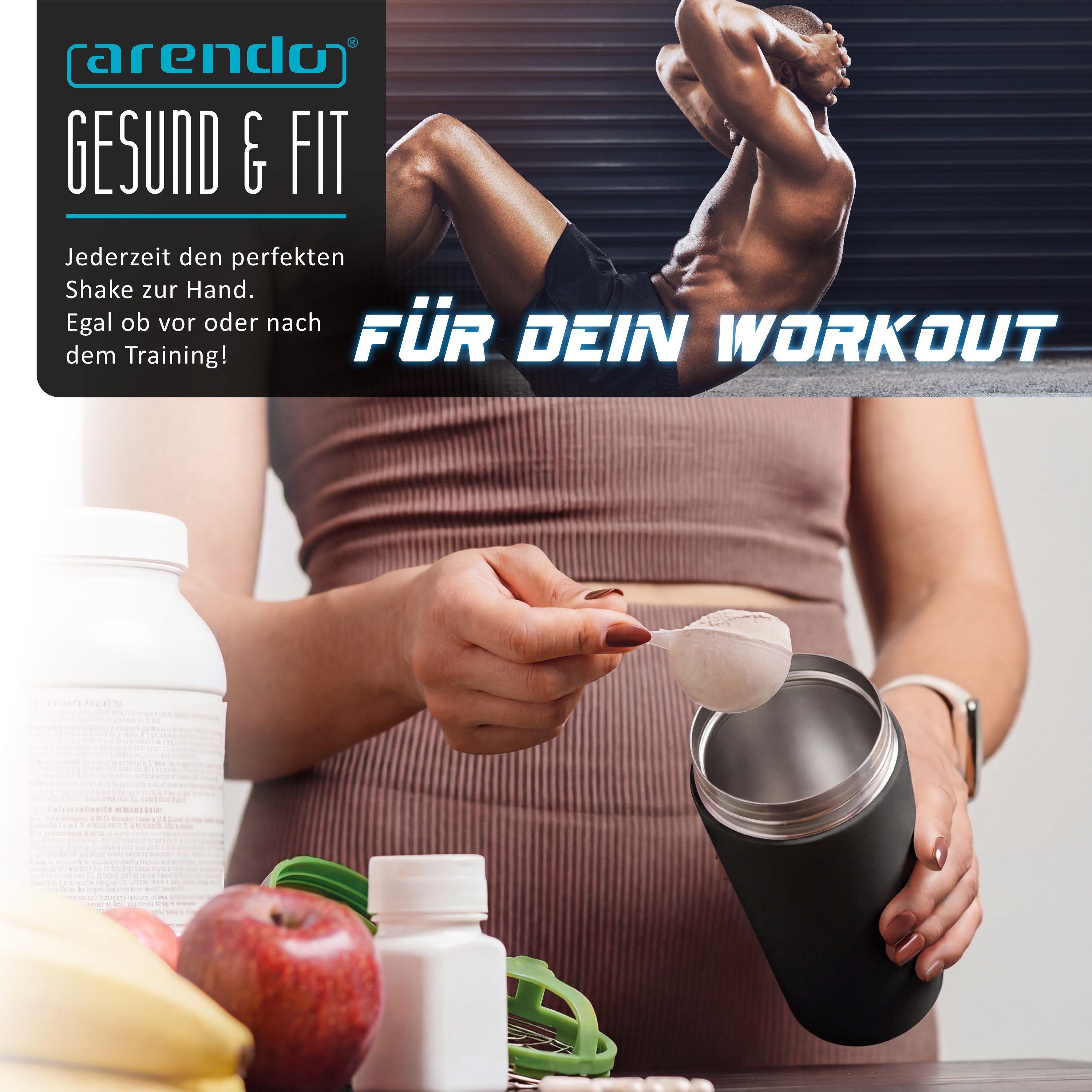 Arendo Protein Shaker Edelstahl Eiweißshaker 500 ml, verschließbar, bruchfest, BPA-frei, Edelstahl, (1-tlg), auslaufsicher, spülmaschinengeeignet, mit Tragegrif – Bild 4 von 5