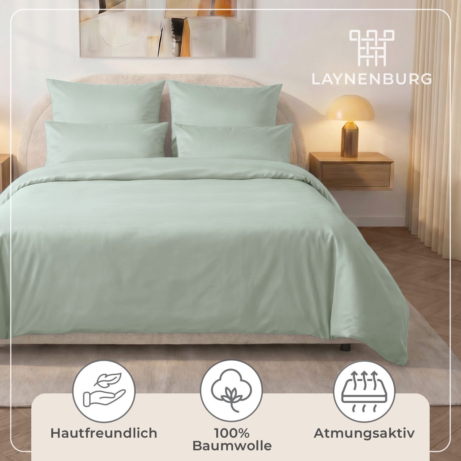 Laynenburg Bettwäsche Mako-Satin aus 100% Baumwolle in 135x200 oder 155x220 cm, kühlende, atmungsaktive Sommer-Bettwäsche mit Reißverschluss – Bild 4 von 5