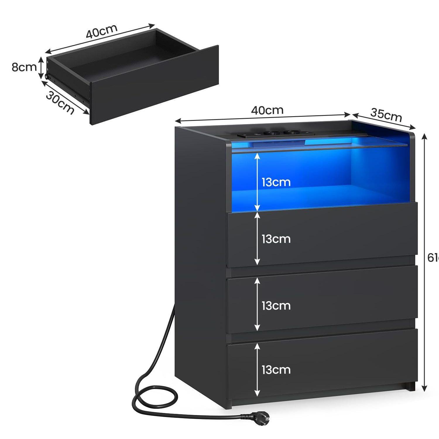 MSMASK Nachttisch mit LED-Beleuchtung und Steckdosen, 3 Schubladen, 45x35x61cm (1-St), Nachtschrank mit Sichtbarer Glastischplatte – Bild 2 von 5