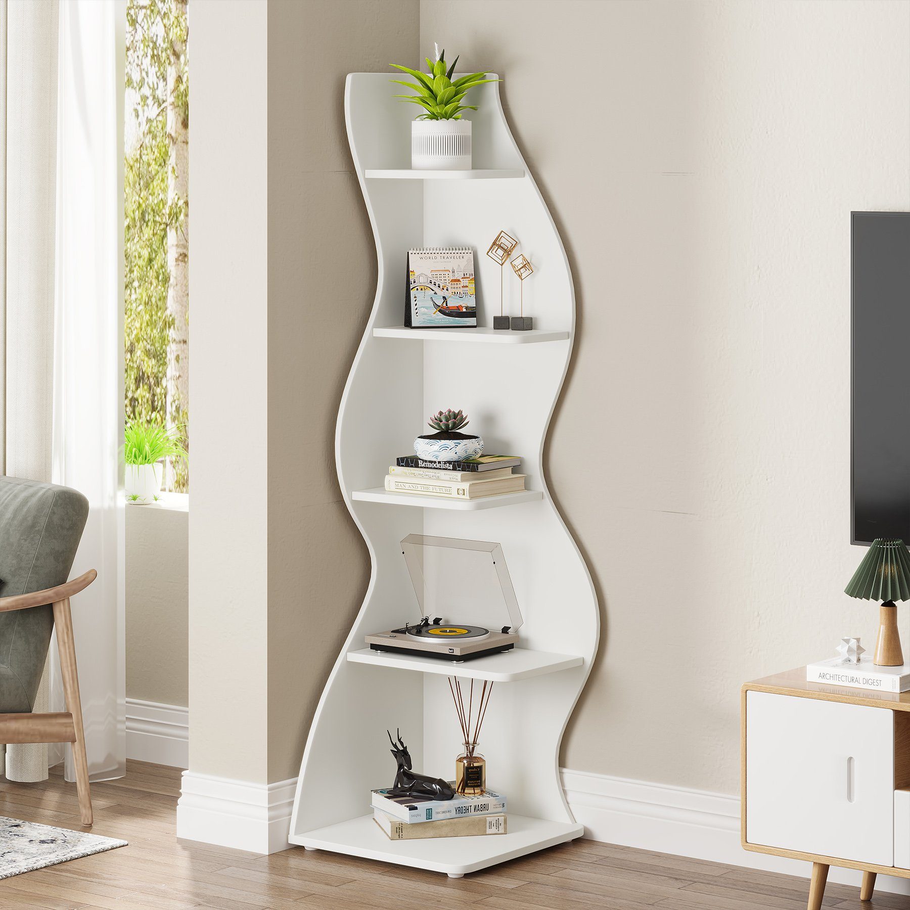 Tribesigns Eckregal 5-stöckiges Wand-Eck-Bücherregal, Ecke Bücherregal Aufbewahrungsregal – Bild 4 von 5