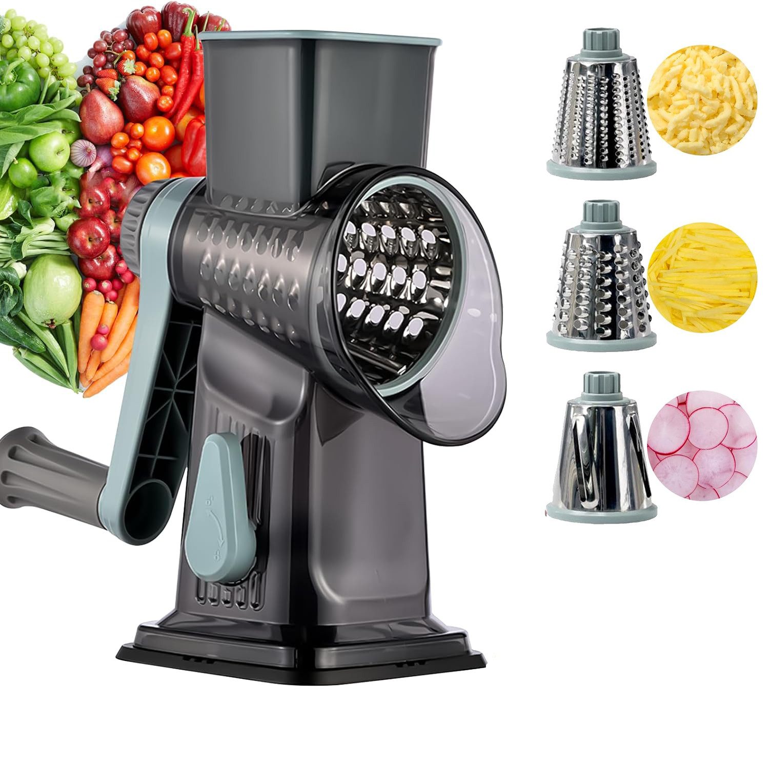 Fyrove Trommelreibe 3 in 1 Käsereibe mit Kurbel, Gemüseschneider Manuelle Trommelreibe, (Zubehör‑Set für Küche, Stabile Saugbasis, BPA-Freien, 3 in 1 Abnehmbaren Manuelle Gemüsemühle, Einfach Zu SäUbern), Gemüsehobel mit 3 Edelstahl Austauschbaren Trommel