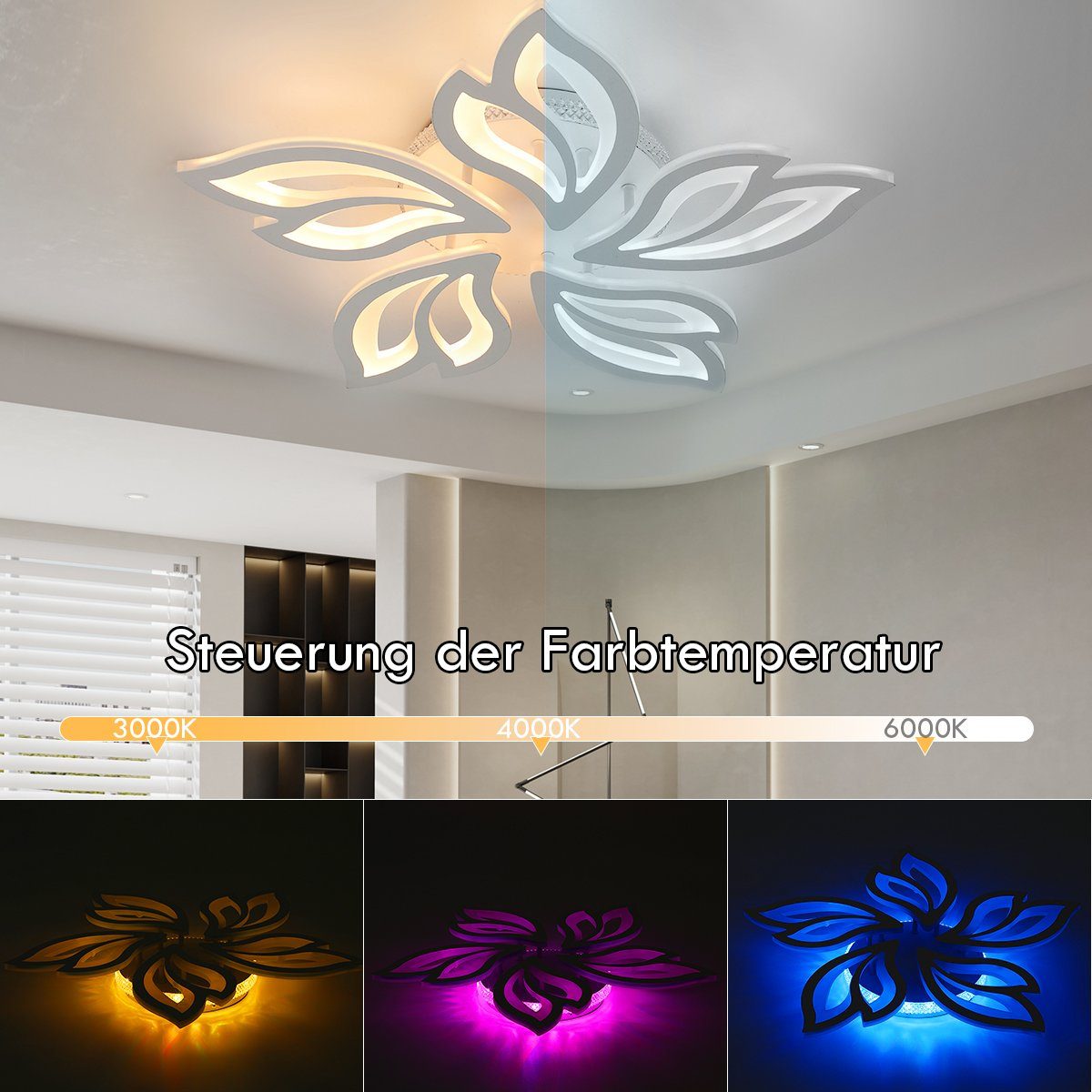 oyajia LED Deckenleuchte 54W Deckenleuchte mit RGB Farbwechsel Lamp, Dimmbar mit Fernbedienung, LED fest integriert, Kaltweiß/Naturweiß/Warmweiß+RGB Hintergrund – Bild 5 von 5