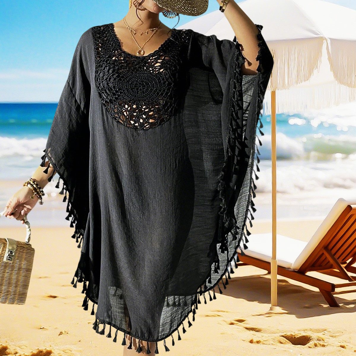 MOPUEA Strandkleid Damen Bikini Cover Up Strand-Tunika mit Fransen Strandbekleidung (Set, 1-tlg., Ideal für viele Anlässe im Sommer) Elegantes Häkel- und Fransen-Design