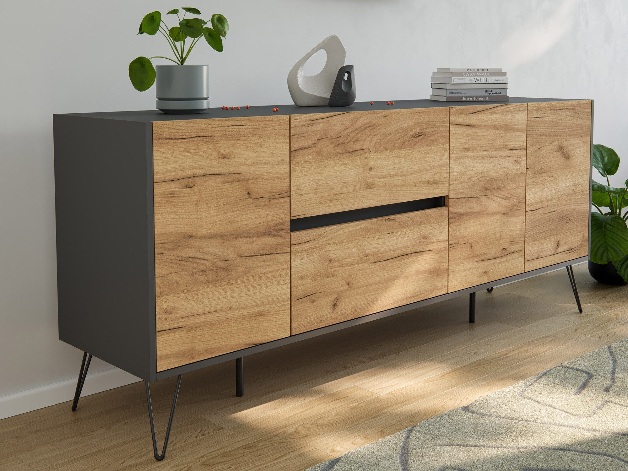 Magnolia Home Sideboard Sideboard Yako 180cm 2 SoftClose 3 Türen Grafit/Eic günstig online kaufen
