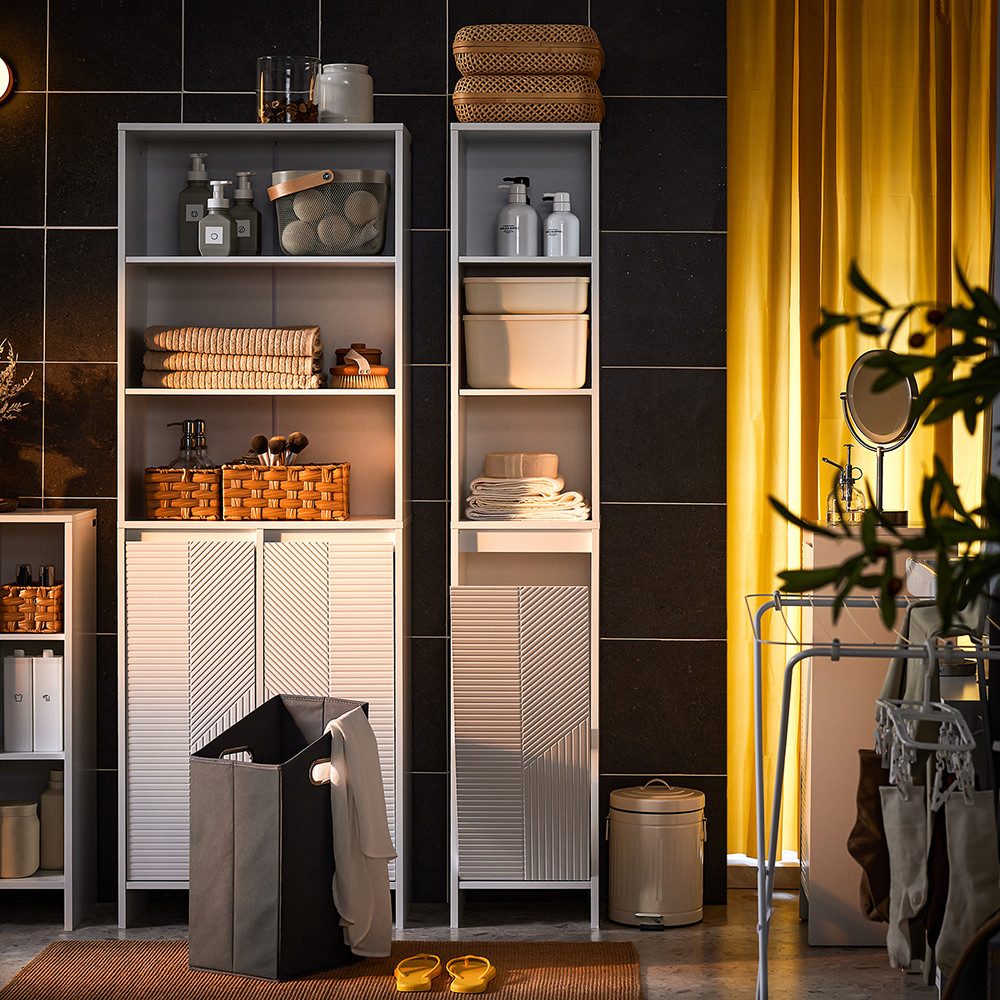 SoBuy Hochschrank BZR158, Badezimmerschrank schmal, Badezimmer Schrank Badkommode Badschrank mit Wäschesack Wäscheschrank Badregal