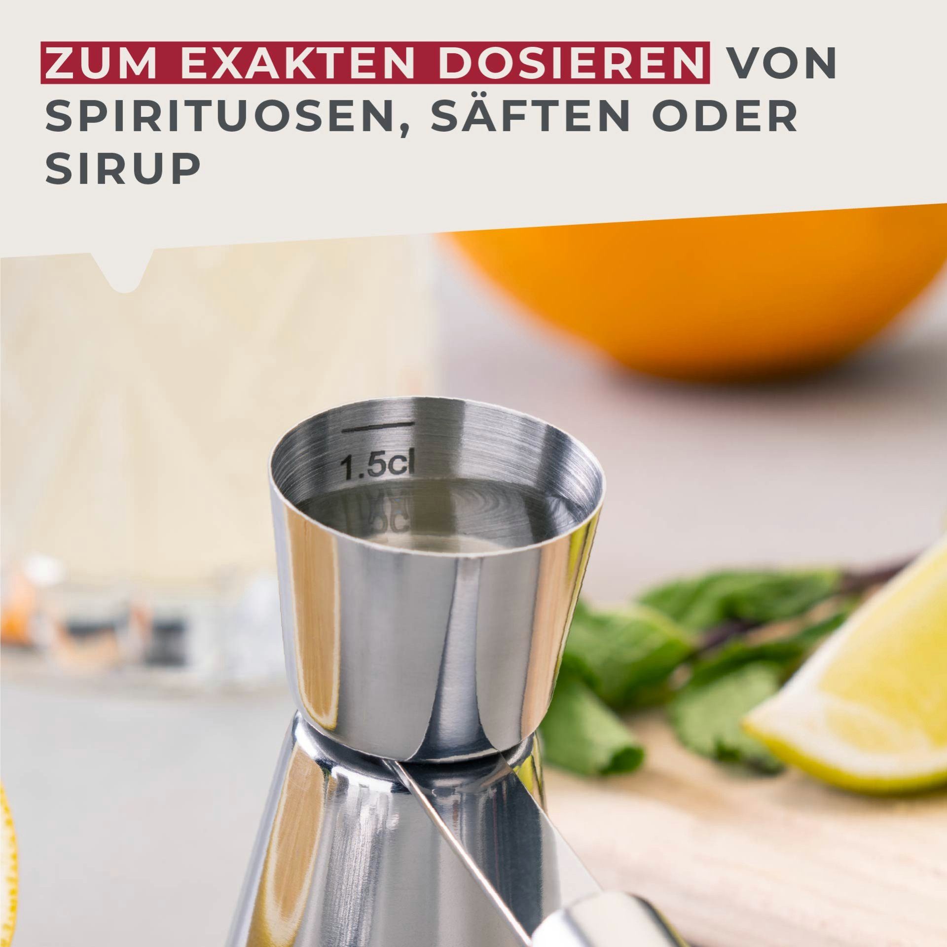 FACKELMANN Messbecher Cocktailmaß mit Griff, Barmaß, Jigger, Dosierhilfe, Messbecher