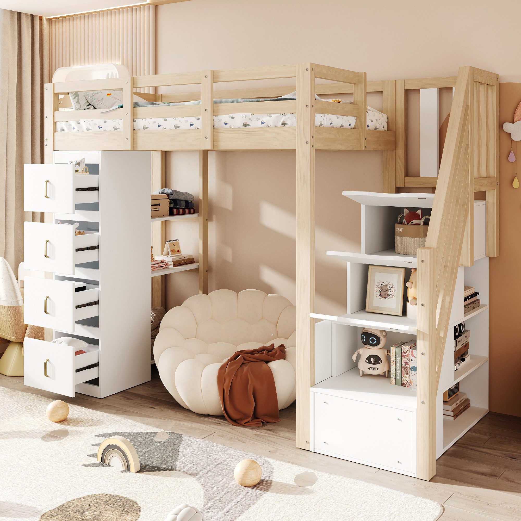 HAUSS SPOLE Hochbett Hochbett 90x200 Kinderbett mit Stauraumschubladen,Jugendbett,Holz (Bettgestell Holzbett mit 4 Großraumschubladen und 3-stufigem Regal) ohne Matratze,Holzfarbe