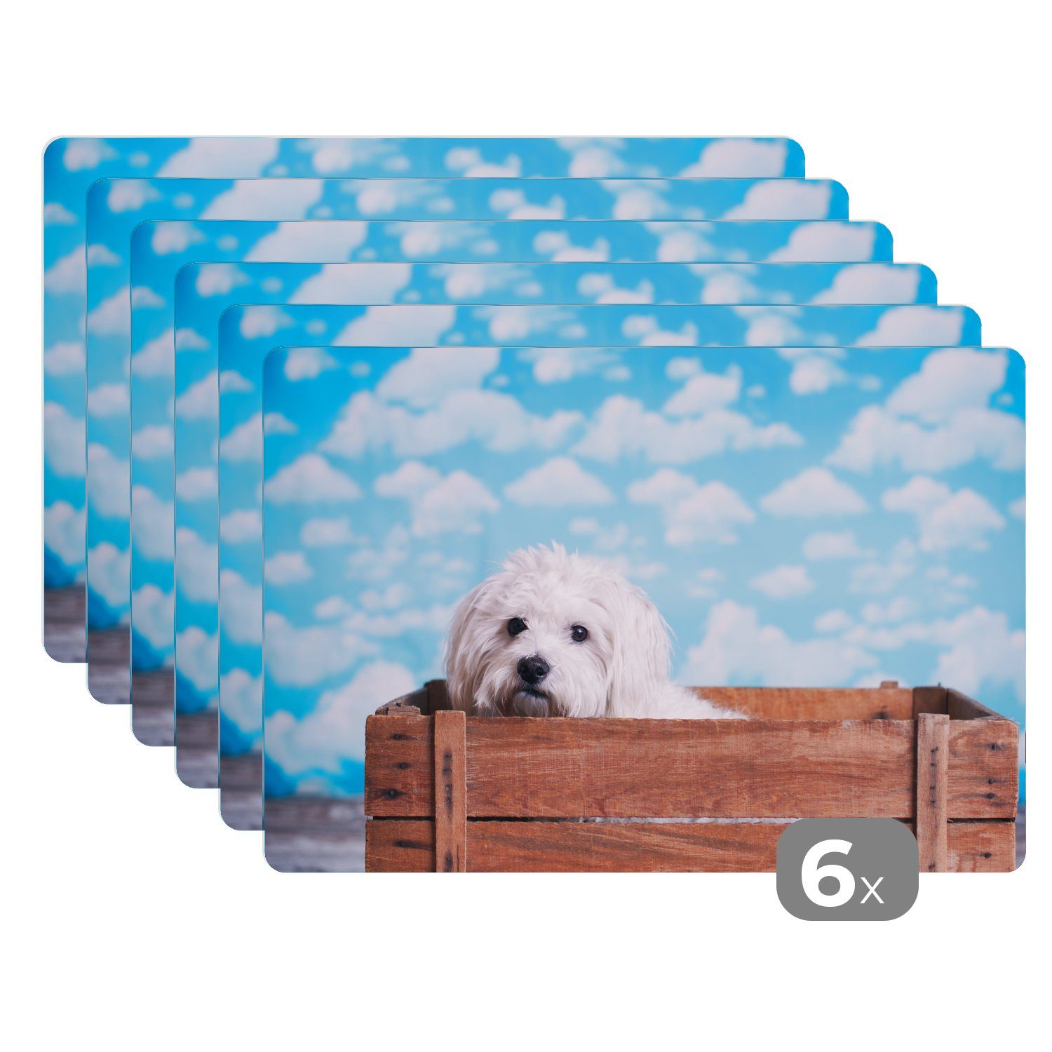 Platzset, Malteser Hund in einer Holzkiste, MuchoWow, (6-St), Platzset, Platzdecken, Platzmatte, Tischmatten, Schmutzabweisend