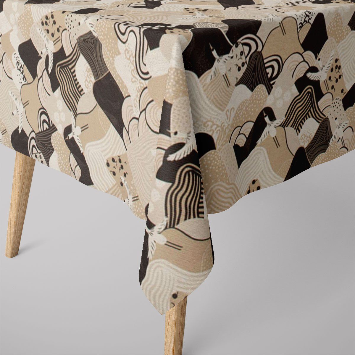 SCHÖNER LEBEN. Tischdecke SCHÖNER LEBEN. Tischdecke Kraniche Hügel beige schwarz weiß, Digitaldruck