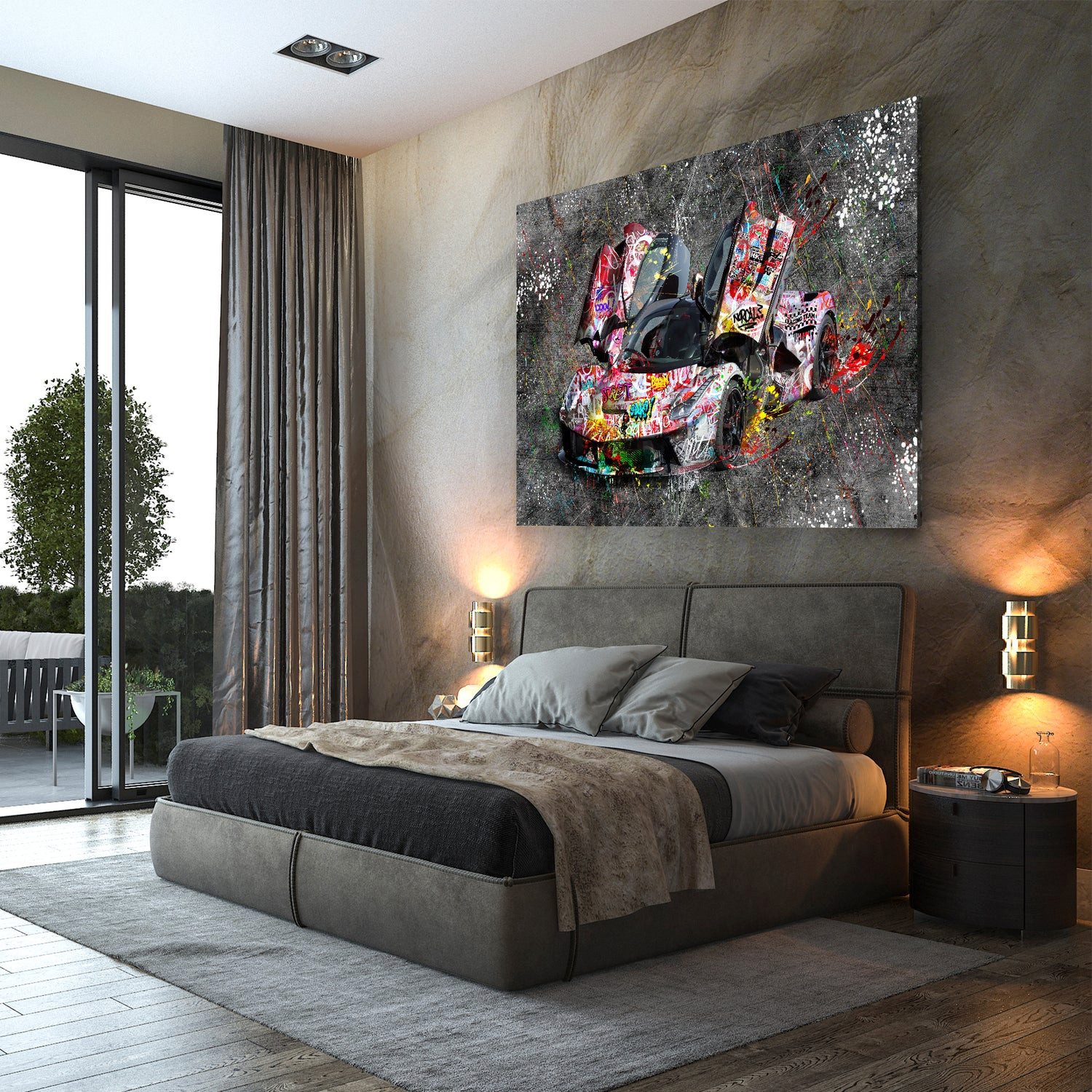 Artedinoi Leinwandbild Sportwagen Graffiti Street Art Auto Leinwandbild Wandbild XXL Deko, Sportwagen im Graffiti-Look