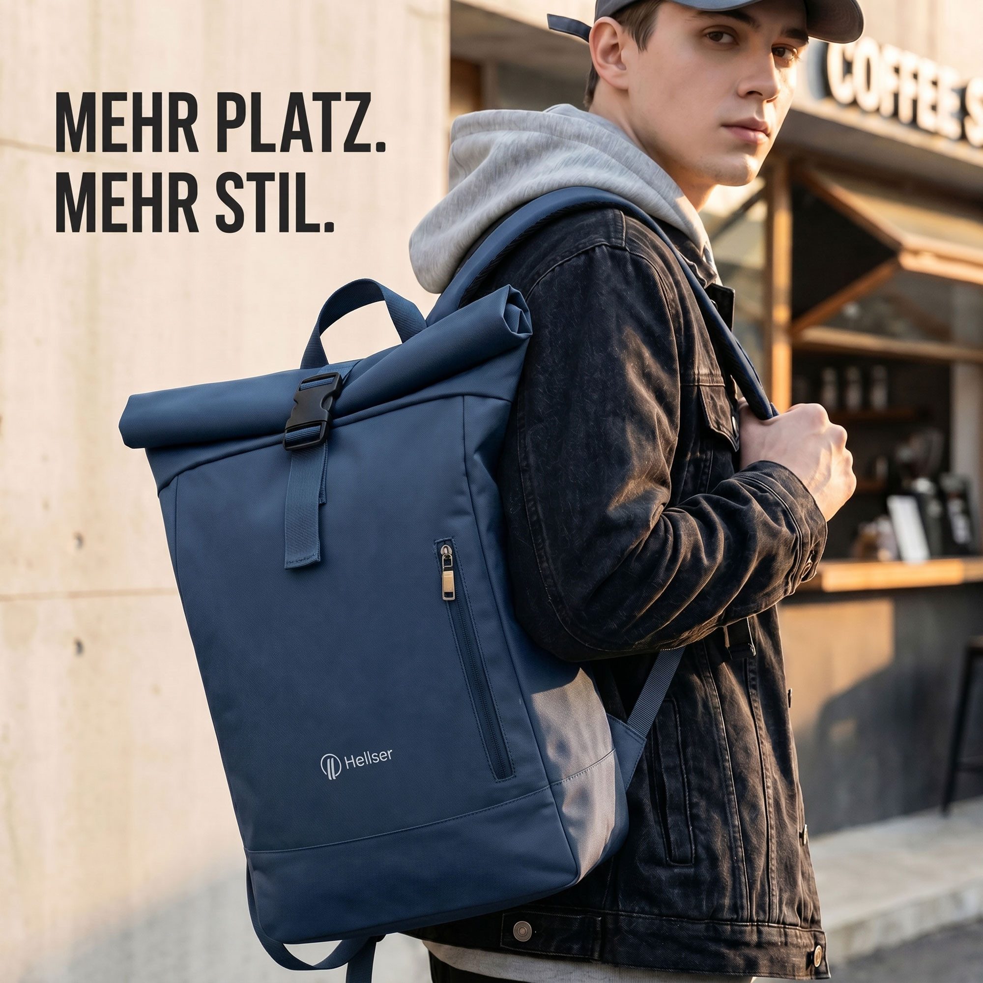 HELLSER Rucksack Rolltop Rucksack – Cityrucksack mit Laptopfach 15,6" Zoll & Koffergurt, 40x29x12 cm – wasserabweisend, geeignet als Handgepäck