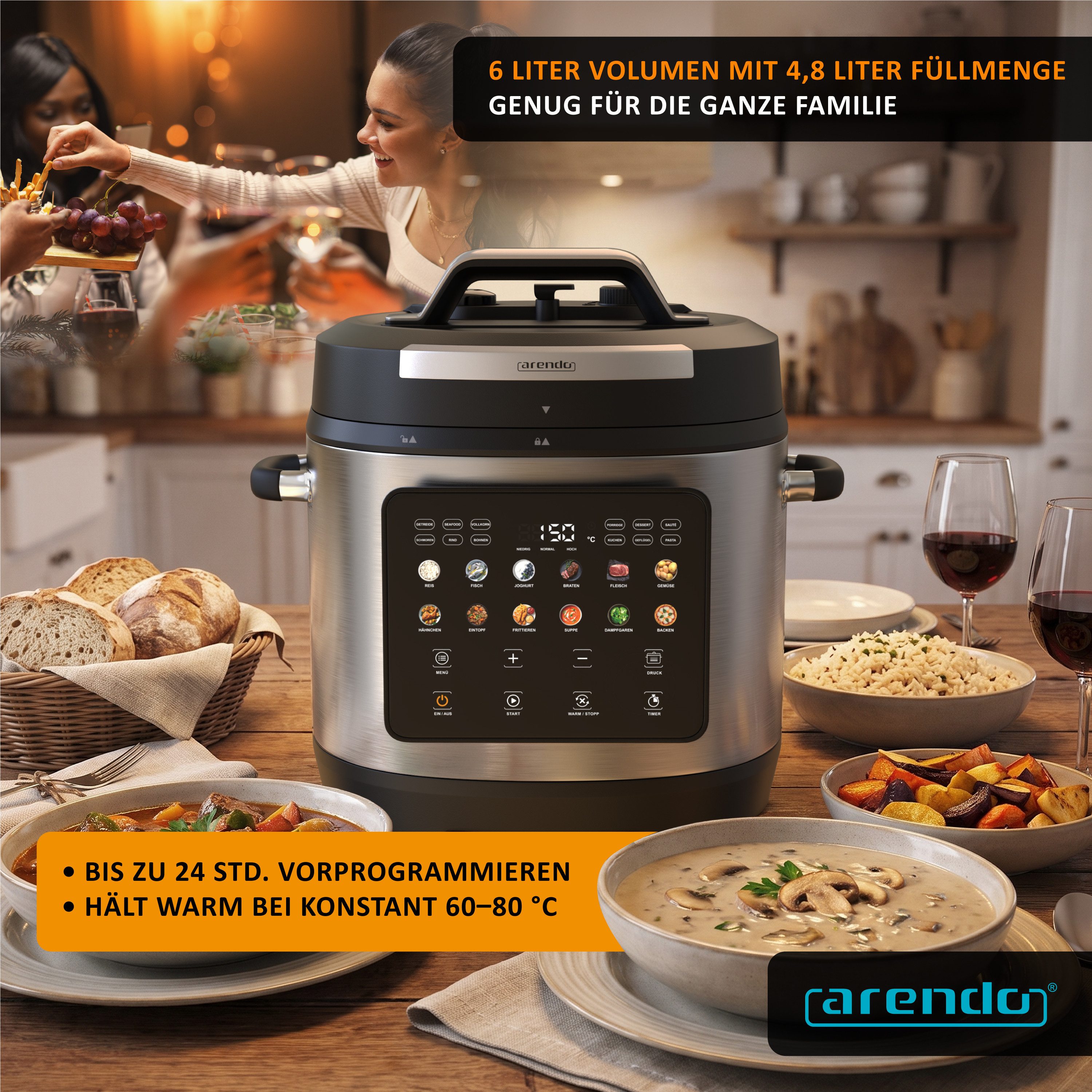 Arendo Multikocher Schnellkochtopf 6 Liter elektrisch, 24 Programme, Touch, 1000 W, 6 l Schüssel, 3 Druckstufen, 24-Stunden-Timer, Warmhaltefunktion und Dämpfei – Bild 3 von 5