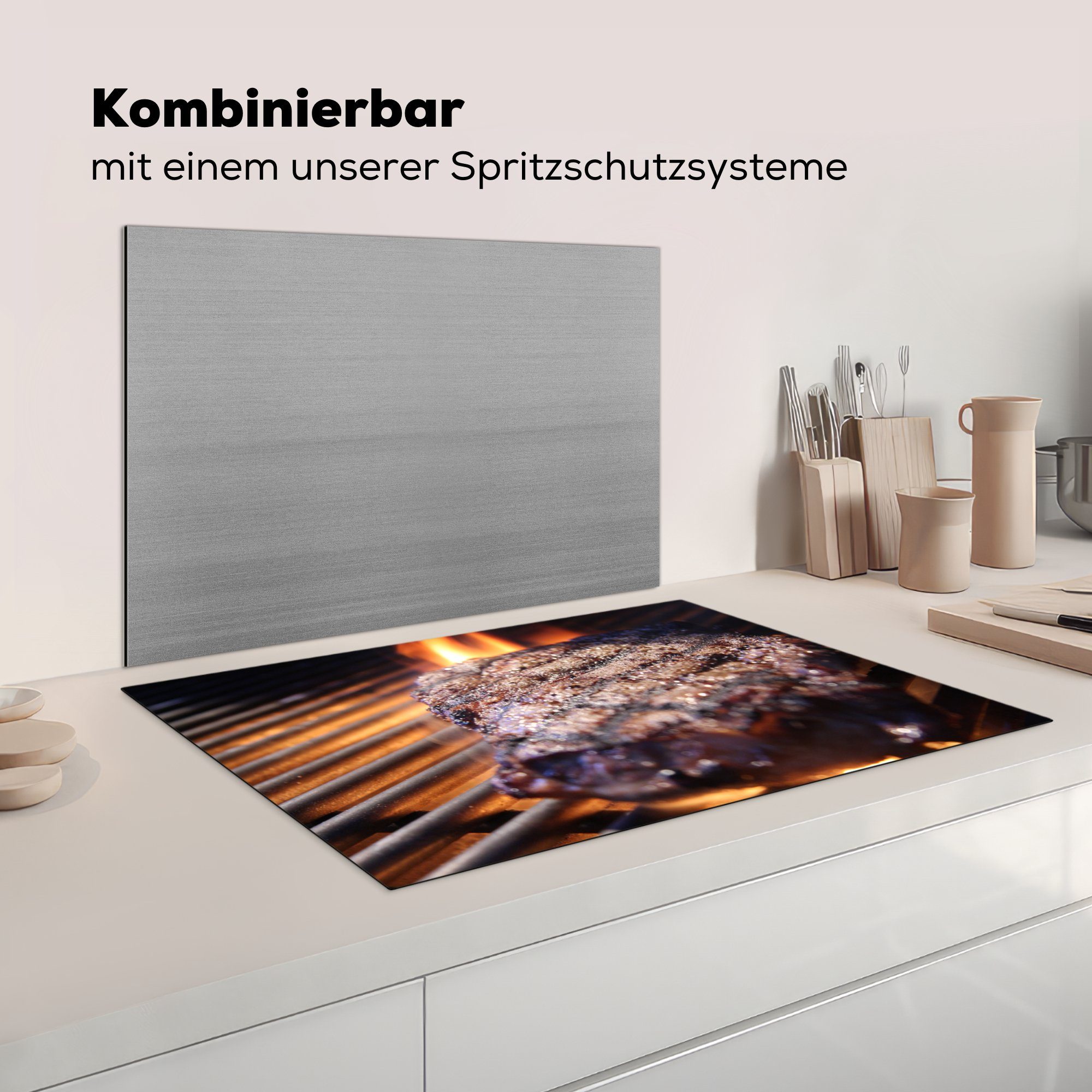 küche, MuchoWow cm, die Vinyl, 81x52 Schutz - BBQ für Ceranfeldabdeckung Herdblende-/Abdeckplatte Induktionskochfeld Fleisch tlg), - Grill, (1